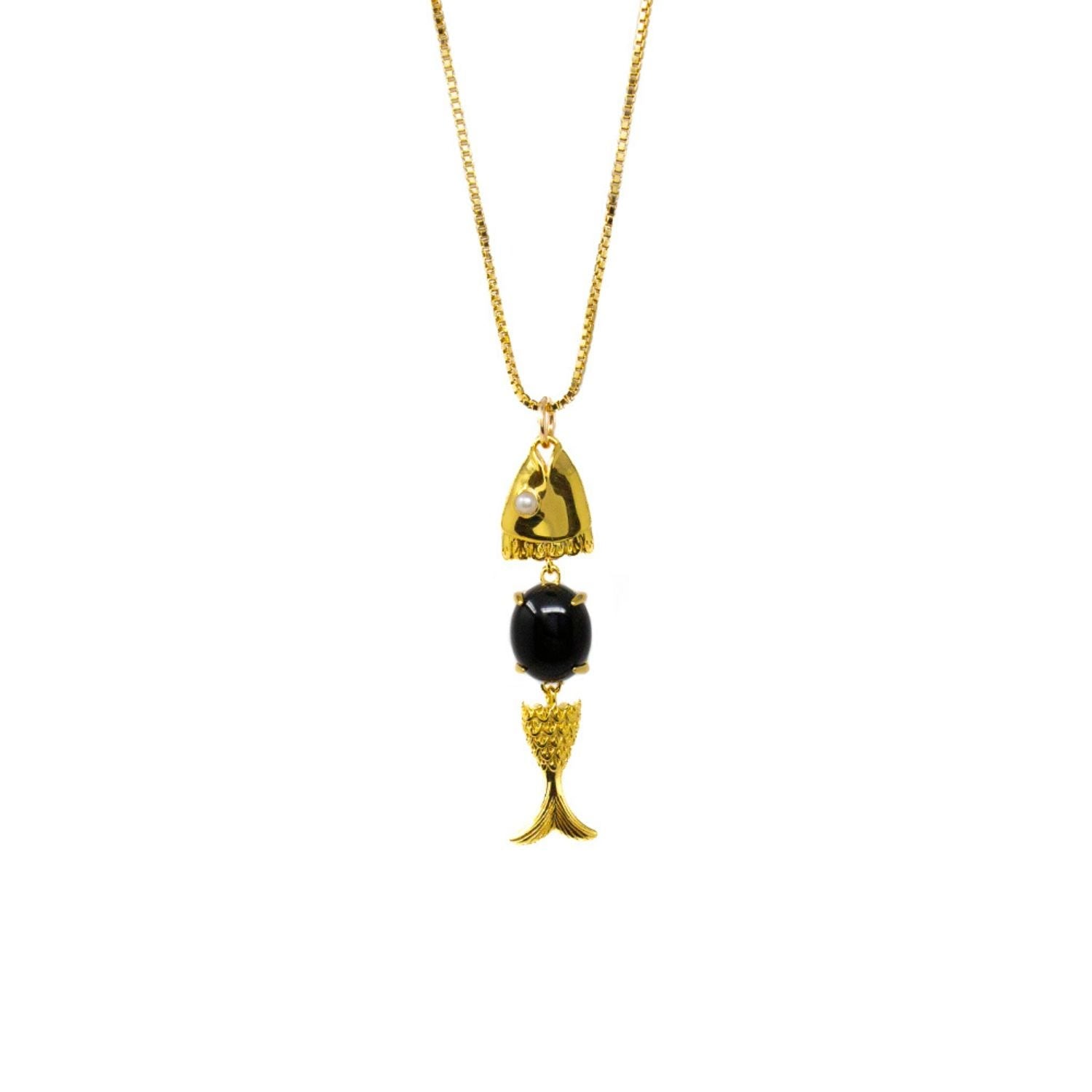 Swimming Fish Neshama Pendant- Onyx & Freshwater Pearl- Gold