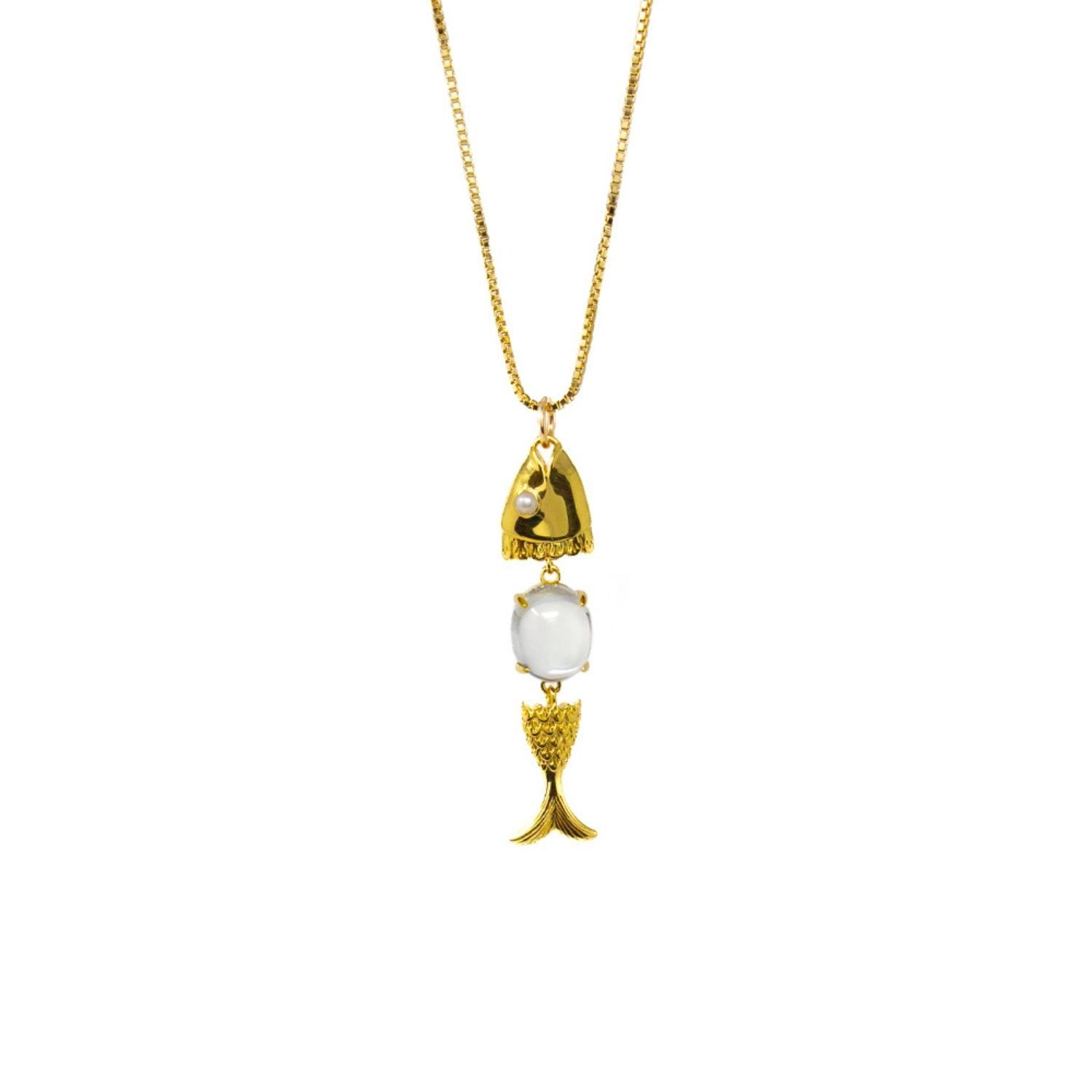 Swimming Fish Neshama Pendant- White Topaz- Gold