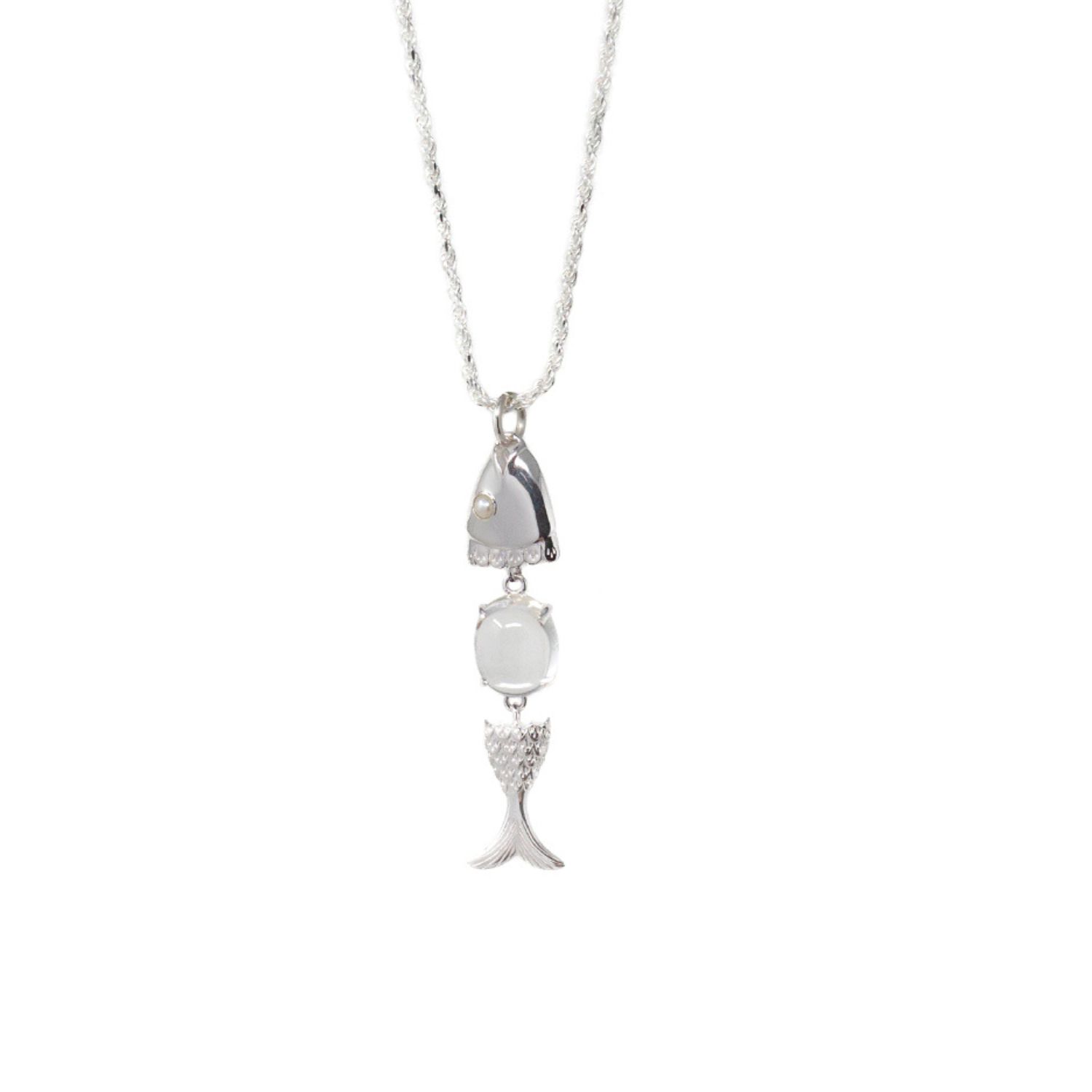 Swimming Fish Neshama Pendant- White Topaz & Freshwater Pearl, Silver
