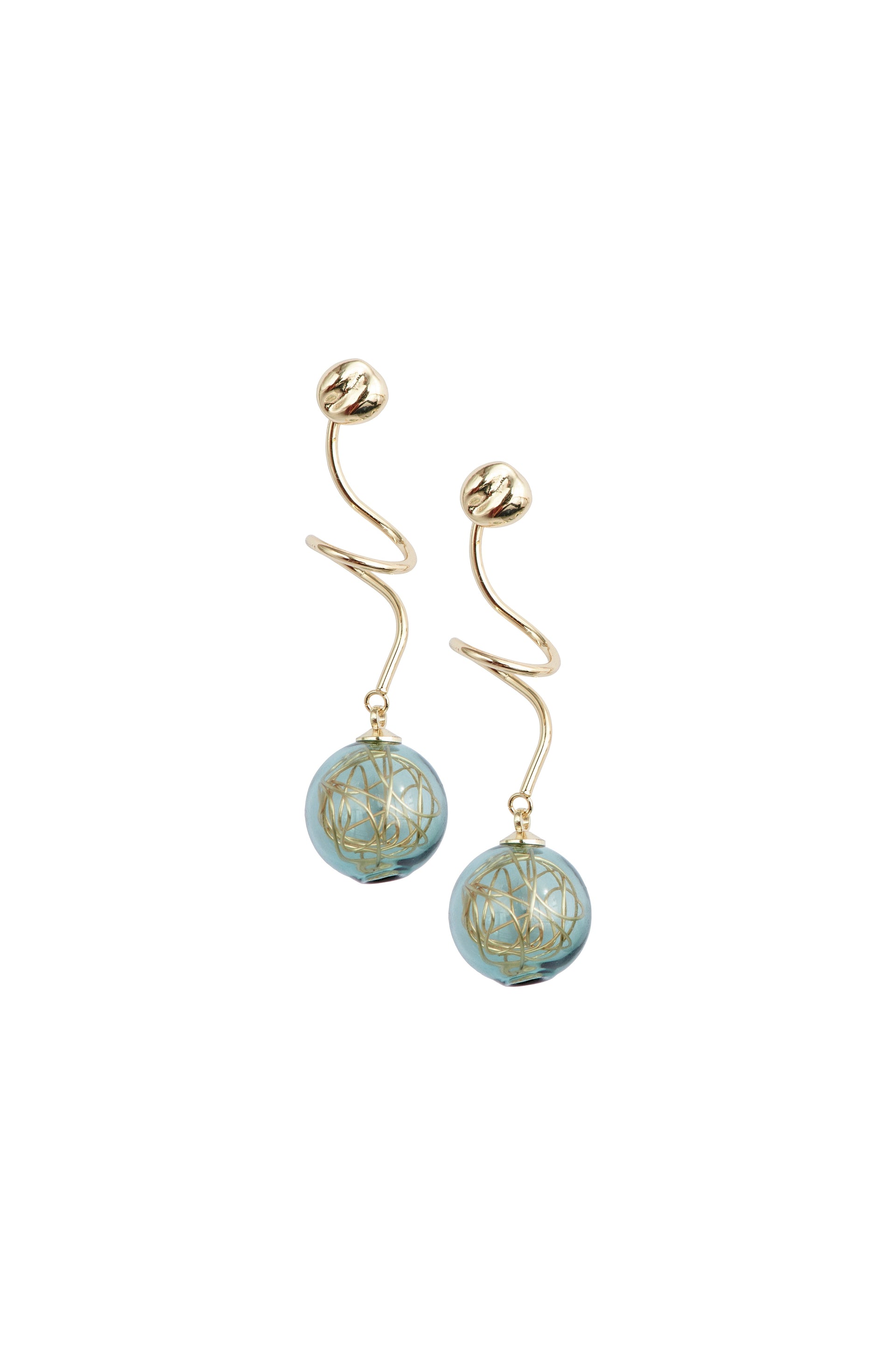 Swirl Sphere Earrings In Green And Gold Tone