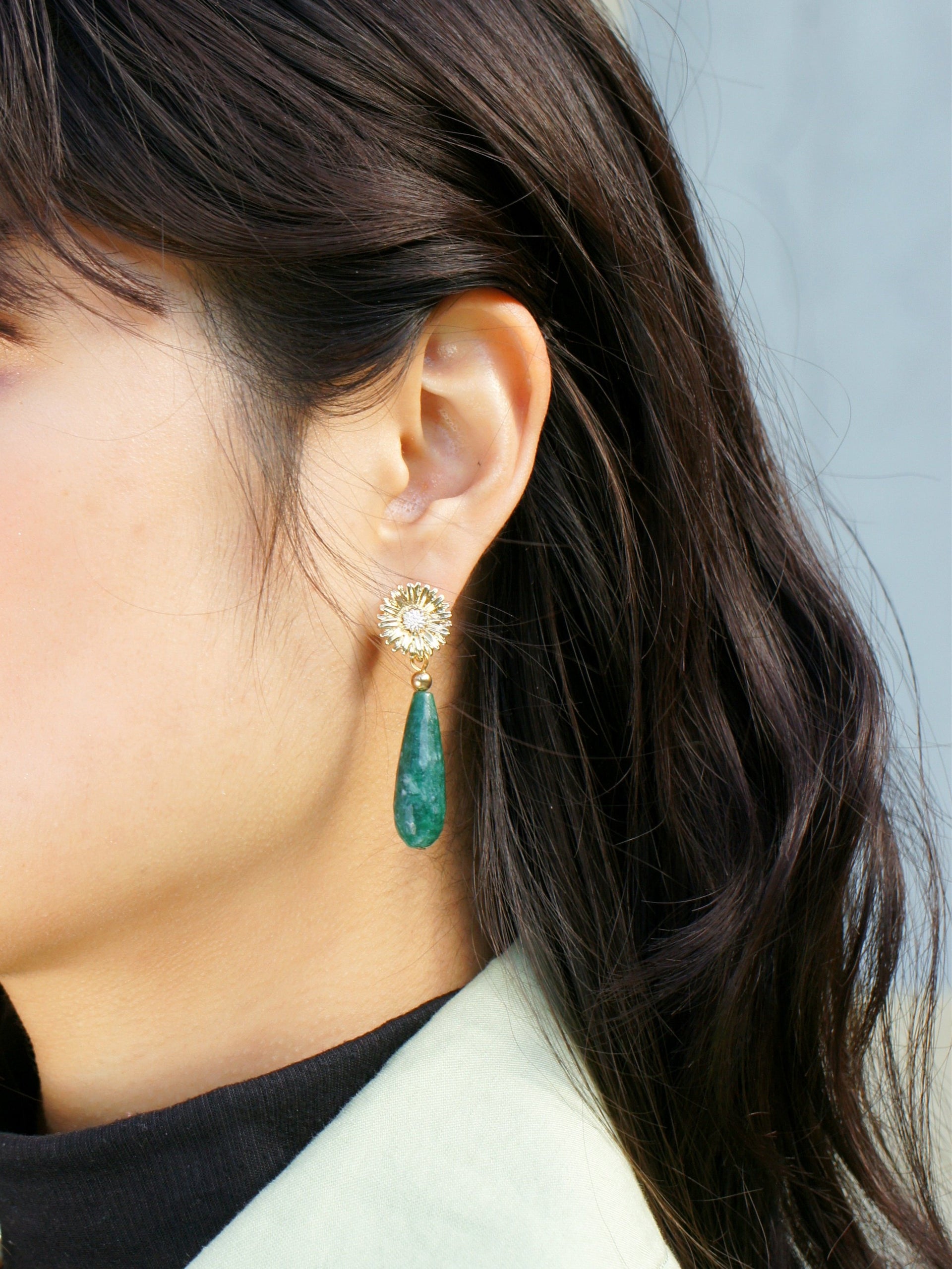 Sunflower & Faceted Teardrop Gemstone Earrings - Green