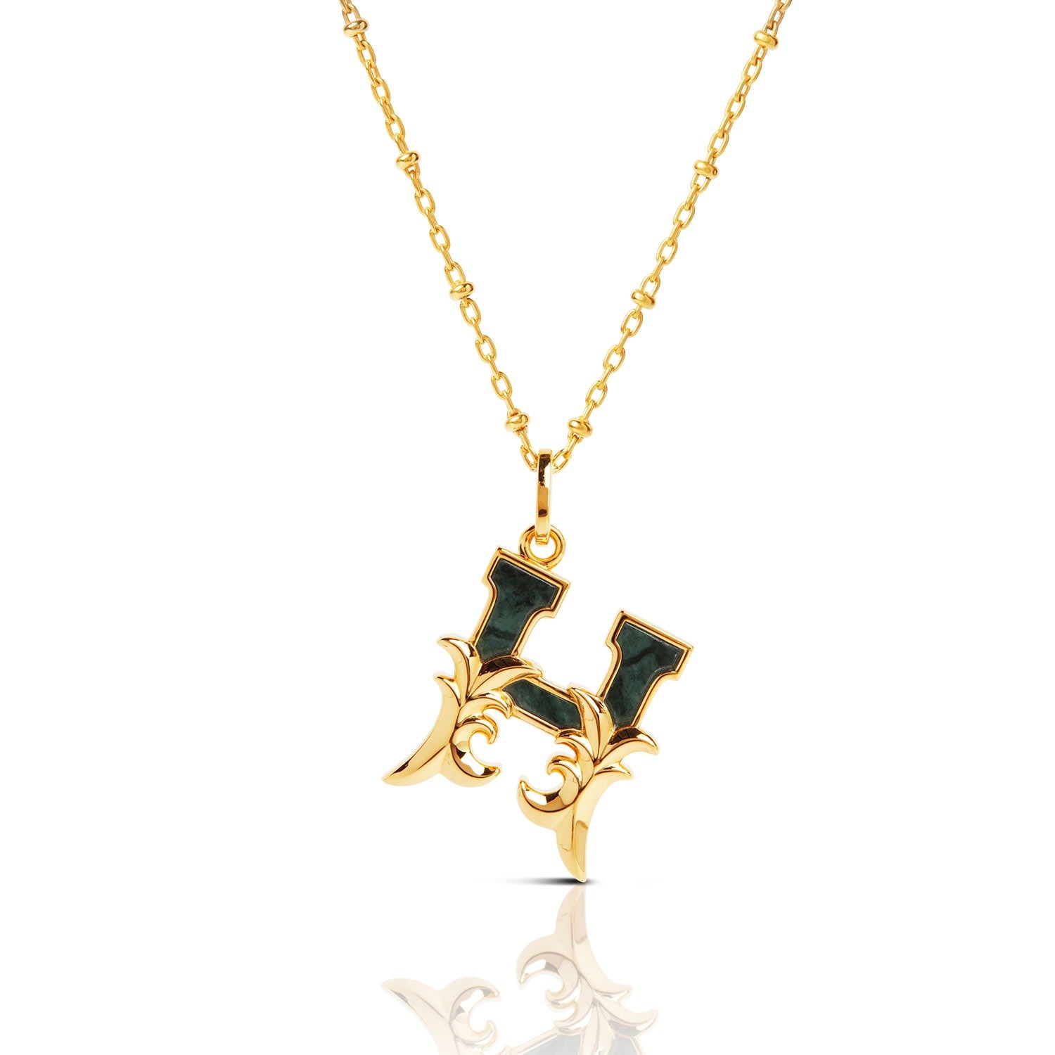 Gold Plated H Initial Necklace With Green Marble