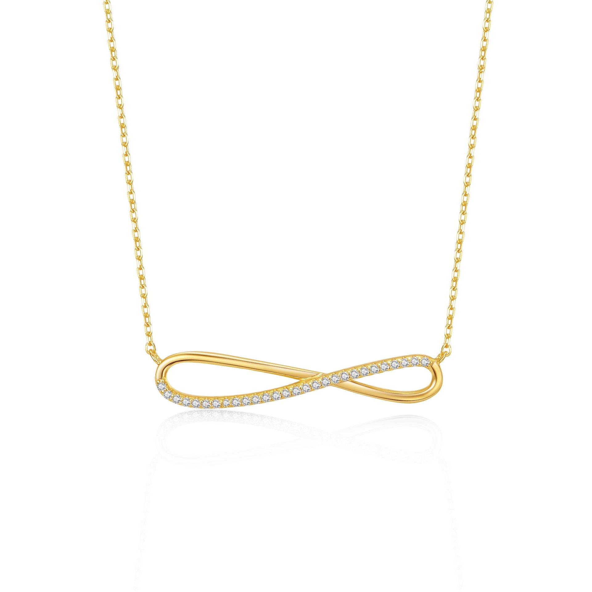 14K Gold Plated With Cubic Zirconia Infinity Symbol Ribbon Pendant Necklace In Sterling Silver