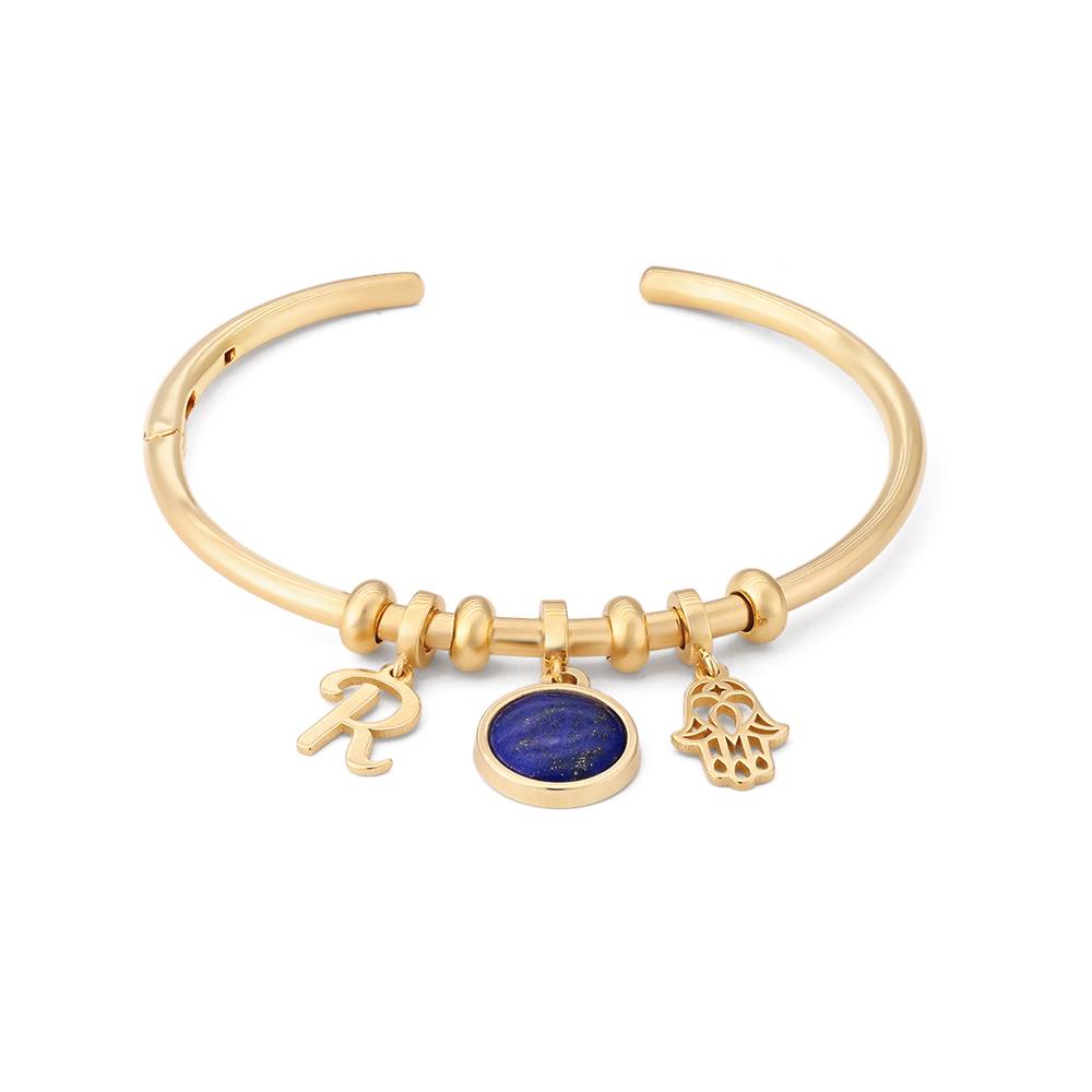 Symbolic Initial Bangle Bracelet with Semi-Precious Stone in 18K Gold Plating