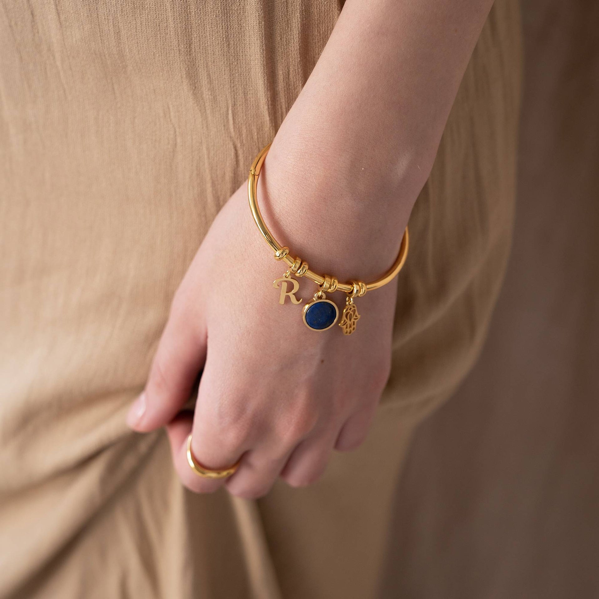 Symbolic Initial Bangle Bracelet with Semi-Precious Stone in 18K Gold Vermeil