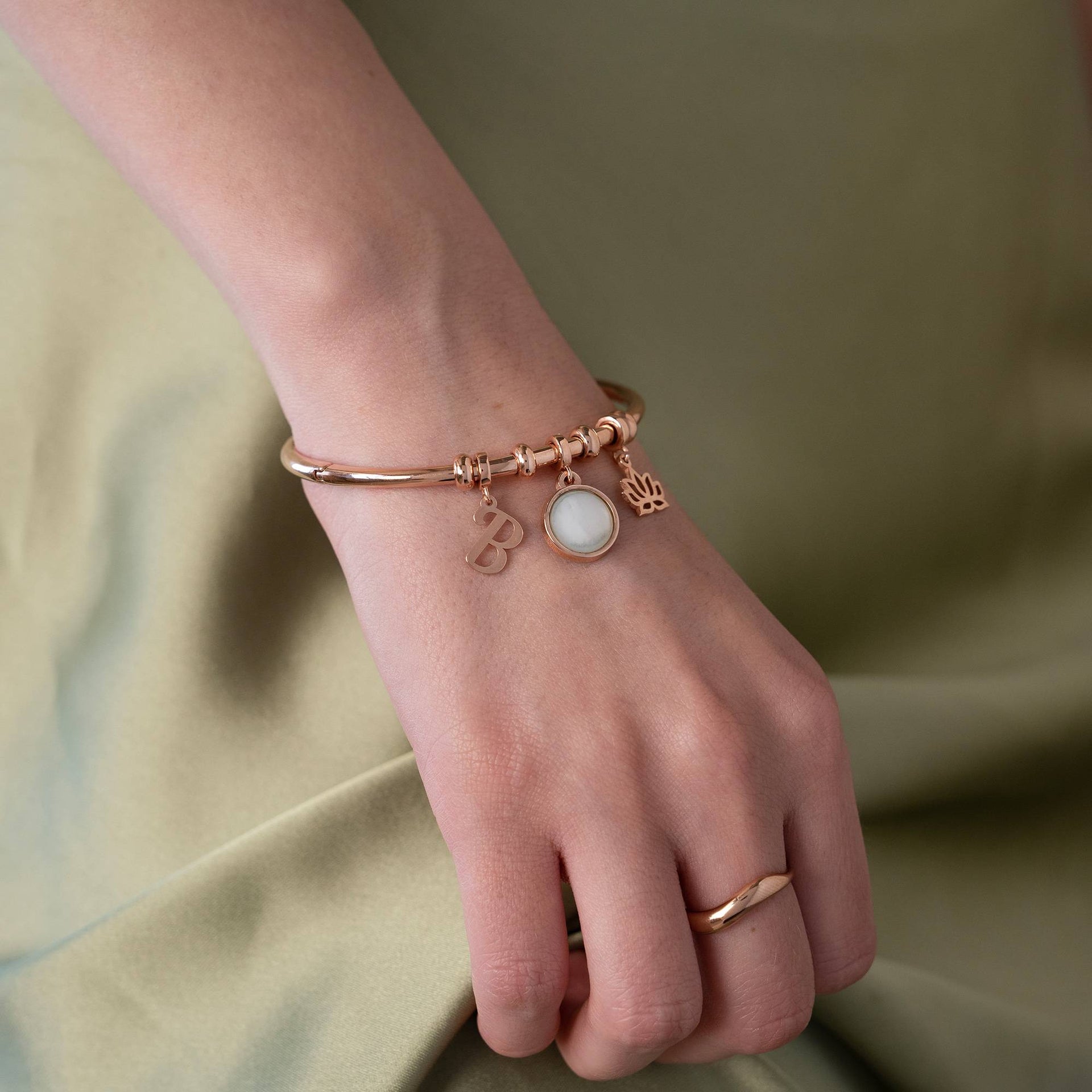 Symbolic Initial Bangle Bracelet with Semi-Precious Stone in 18K Rose Gold Plating