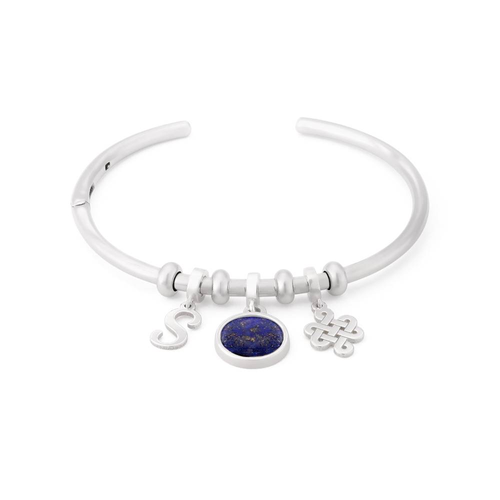 Symbolic Initial Bangle Bracelet with Semi-Precious Stone in Sterling Silver