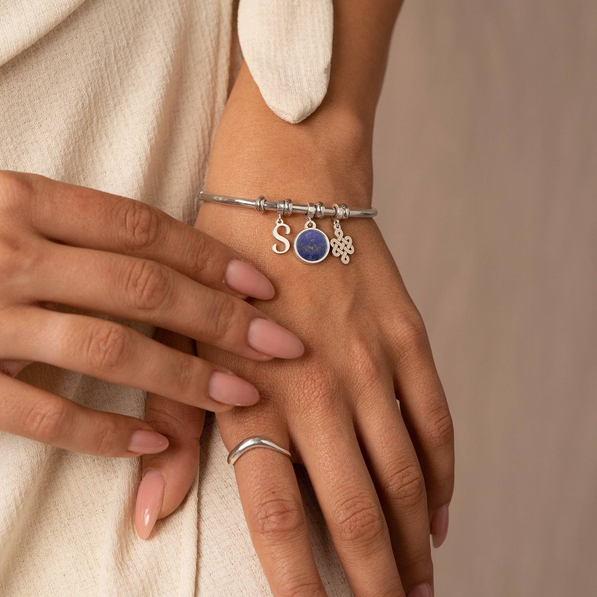 Symbolic Initial Bangle Bracelet with Semi-Precious Stone in Sterling Silver