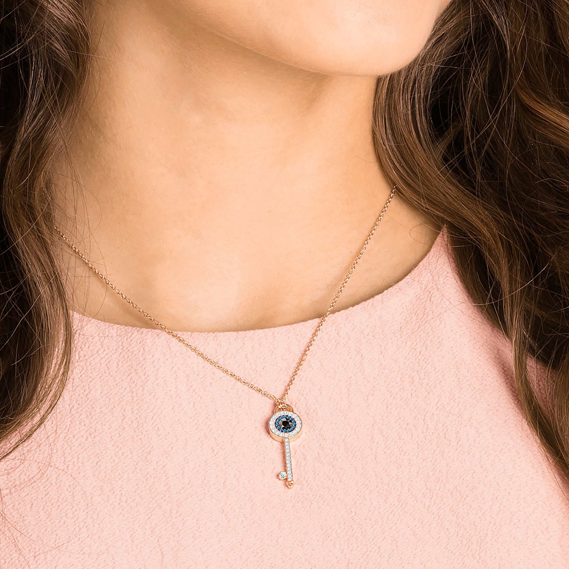 SYMBOLICA PENDANT EVIL EYE AND KEY BLUE ROSE GOLD TONE PLATED