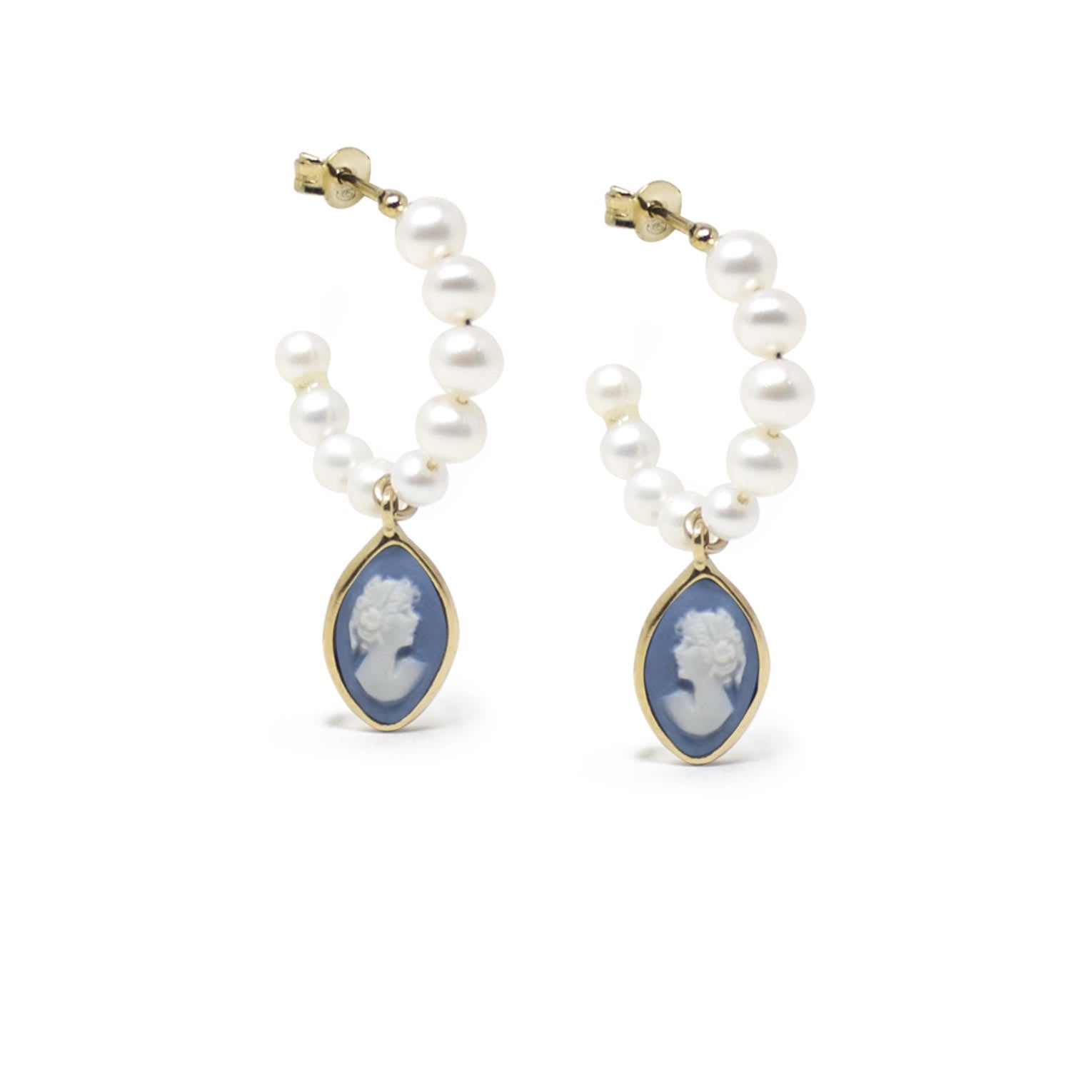 April Gold-Plated Pearl And Sky Blue Cameo Hoop Earrings