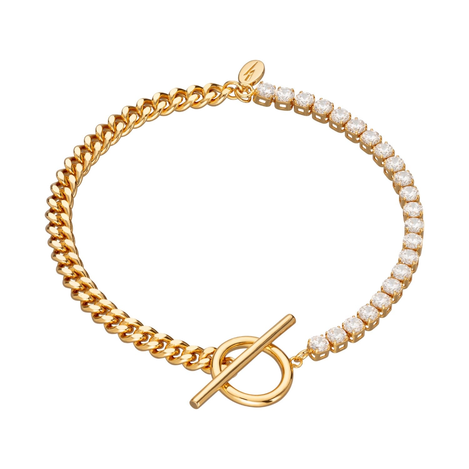 Gold Tennis & Curb Chain Bracelet With T Bar Clasp