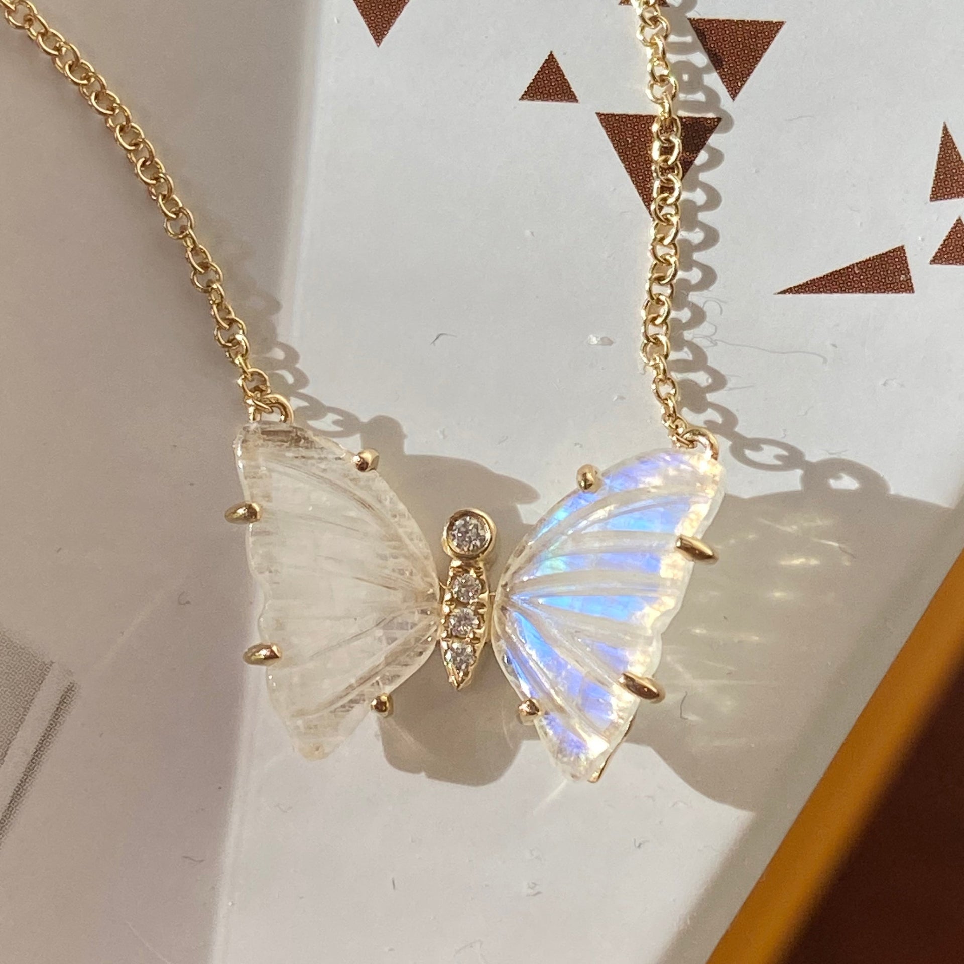 Moonstone Butterfly Necklace With Diamonds & Prongs