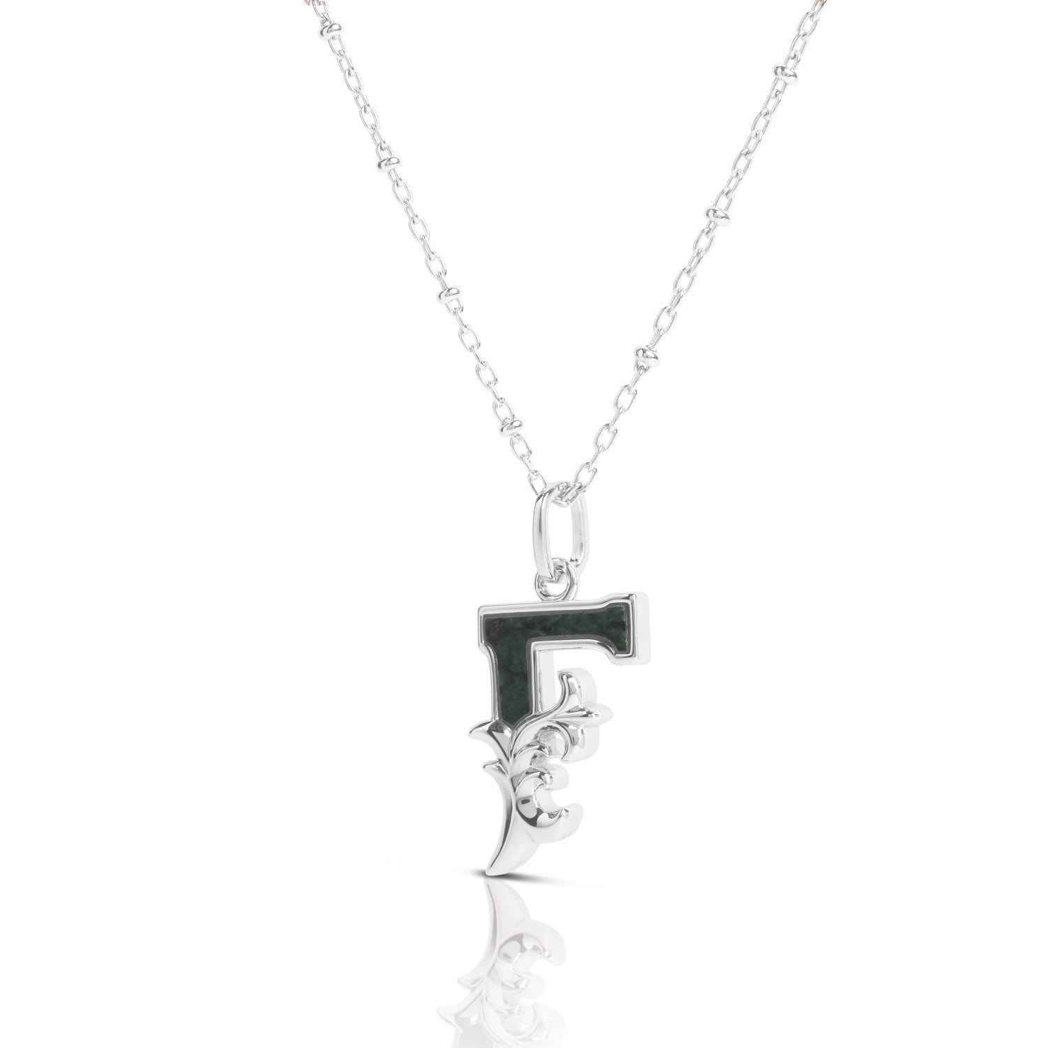 Solid Silver F Initial Necklace With Green Marble