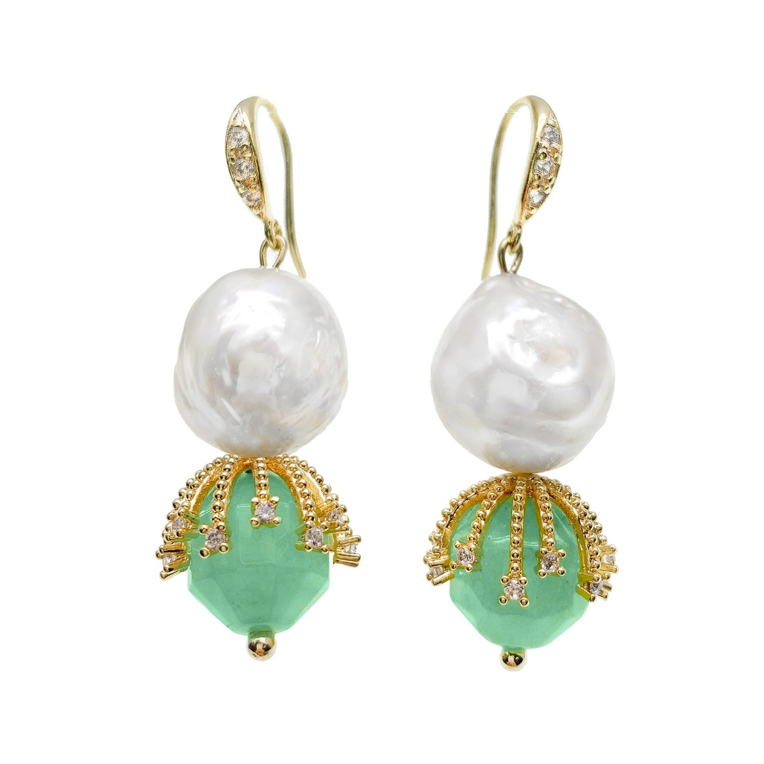 Irregular Freshwater Pearls With Green Aventurine Stones Jade Dangle Earrings
