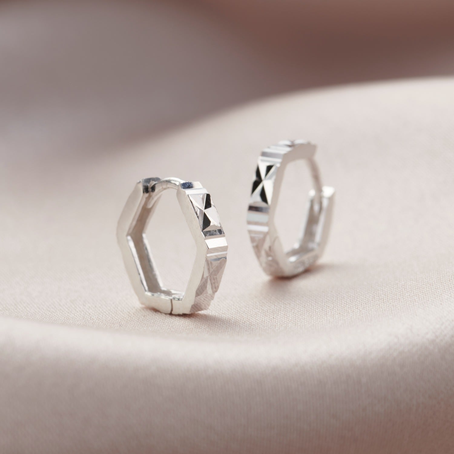 Sterling Silver Faceted Hexagon Huggie Earrings