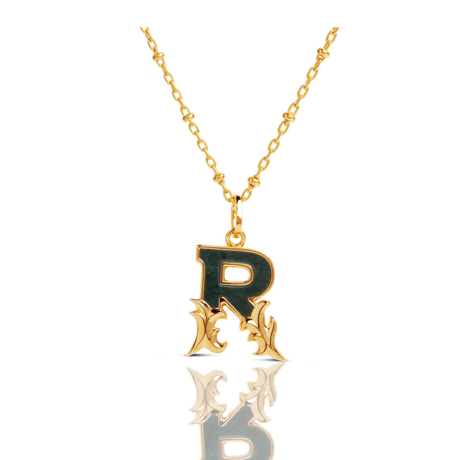 Gold Plated R Initial Necklace With Green Marble