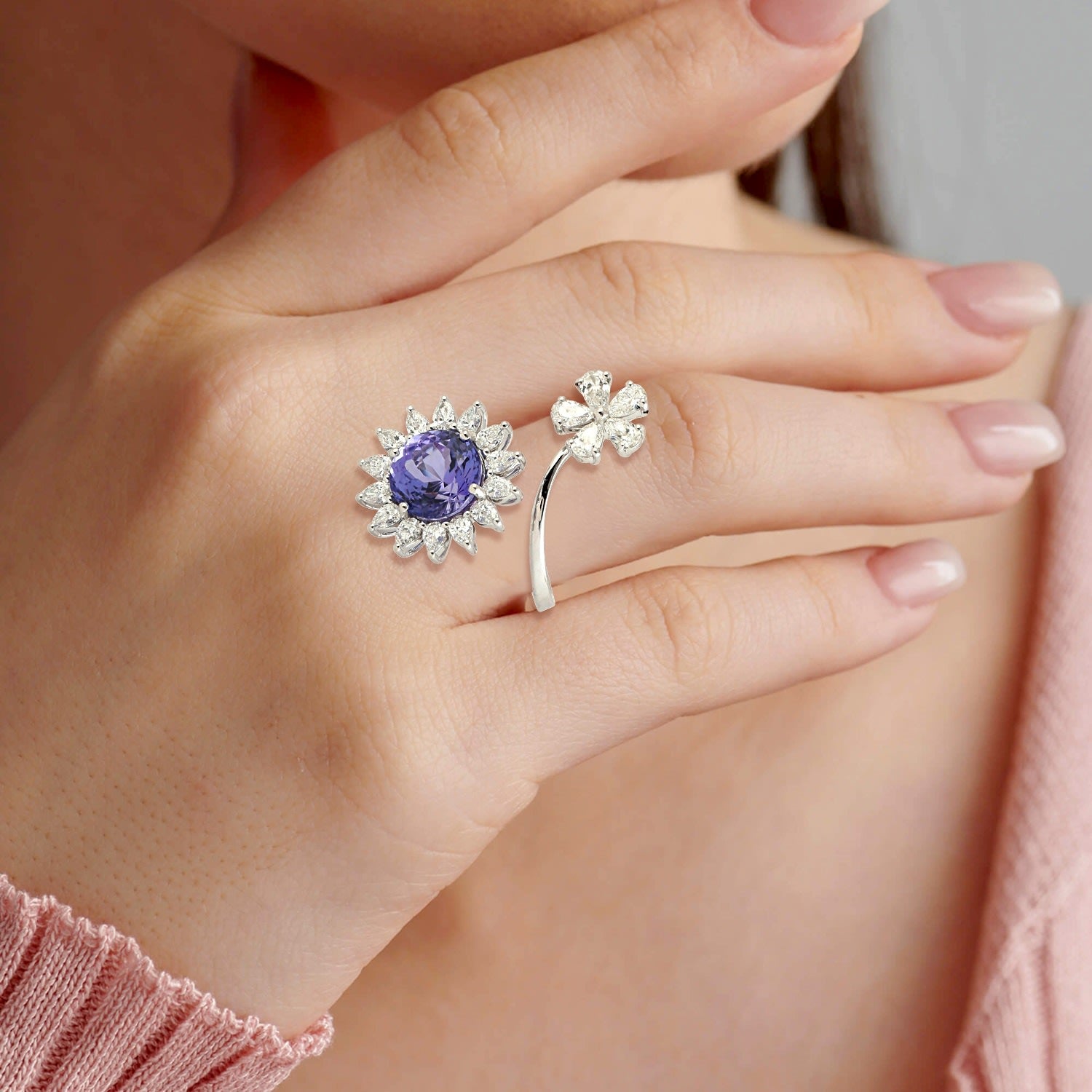 Tanzanite & Diamond Floral Wrap Ring In 14K White Gold'