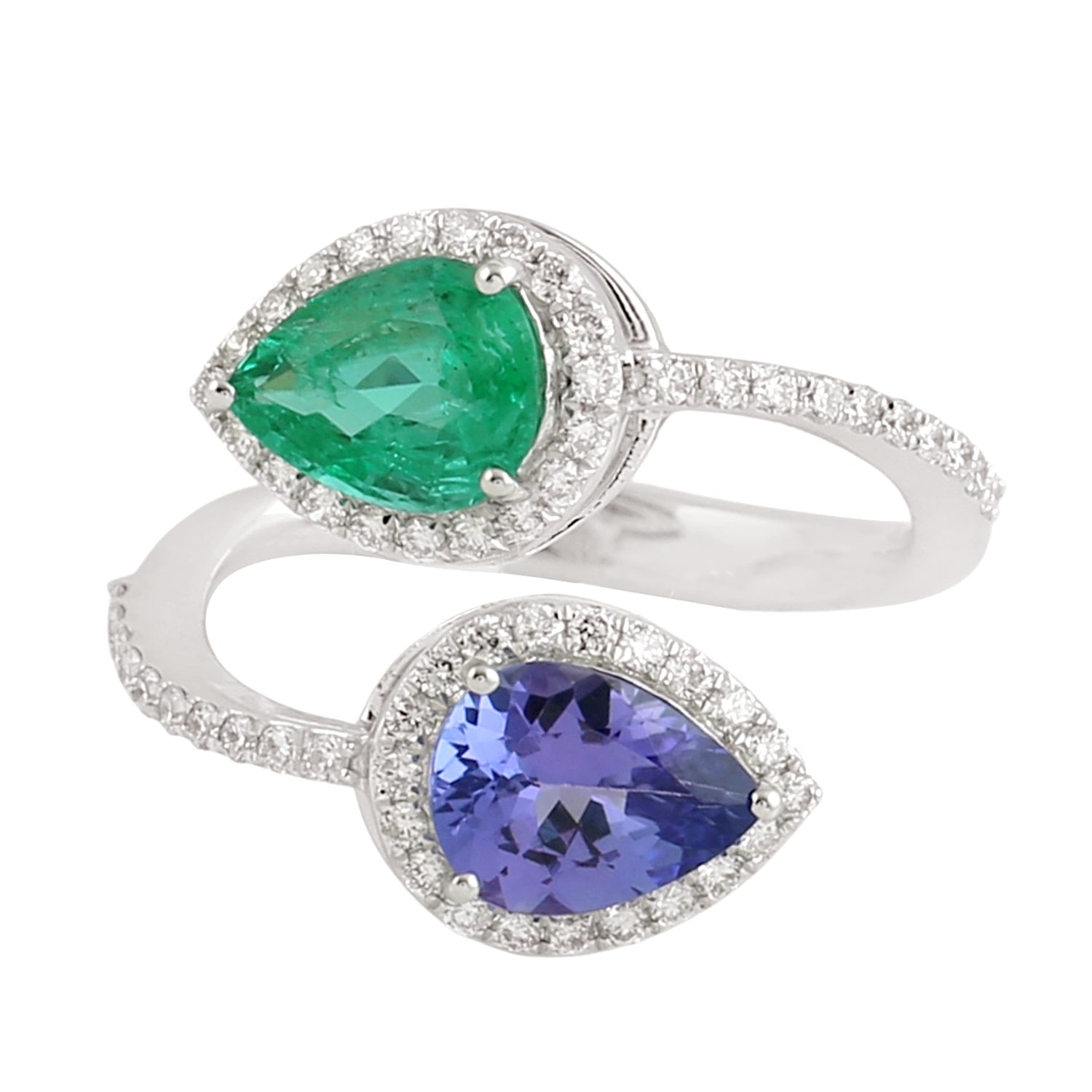 Pear Tanzanite & Emerald Gemstone Diamond Bypass Ring In White Gold