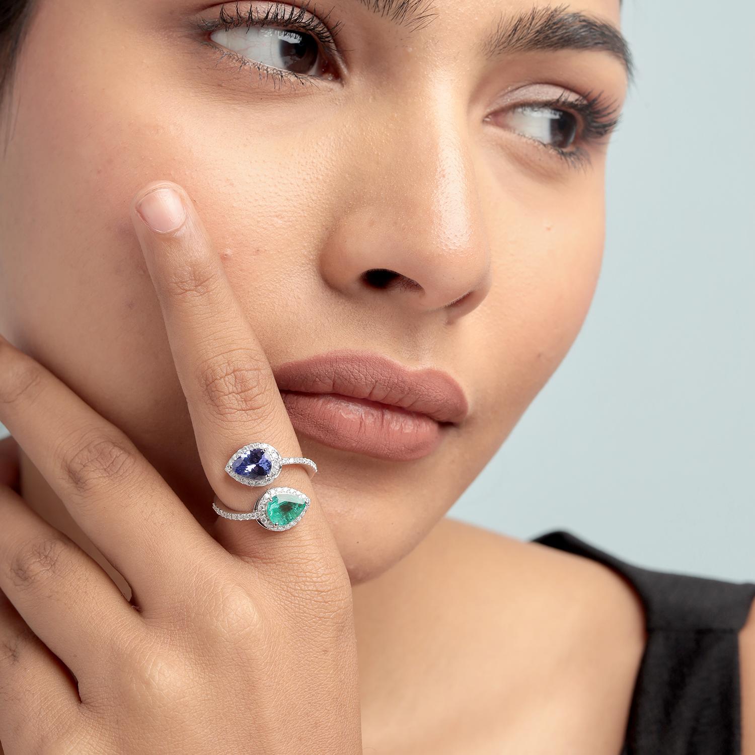Pear Tanzanite & Emerald Gemstone Diamond Bypass Ring In White Gold