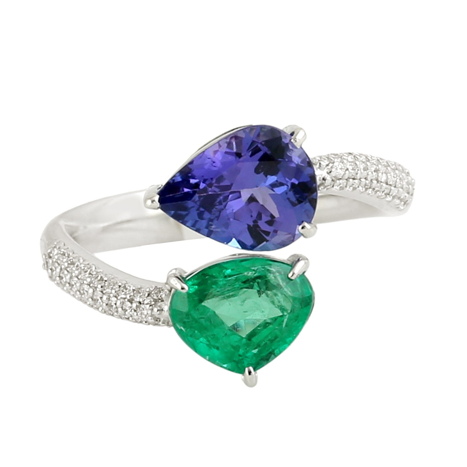 Tanzanite & Emerald Gemstone Diamond Bypass Ring In White Gold
