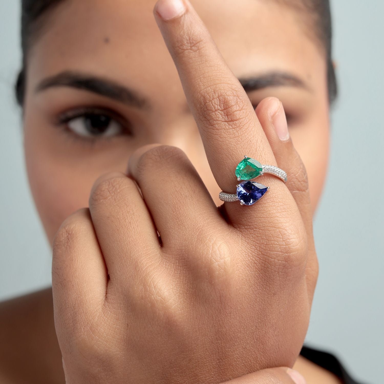 Tanzanite & Emerald Gemstone Diamond Bypass Ring In White Gold