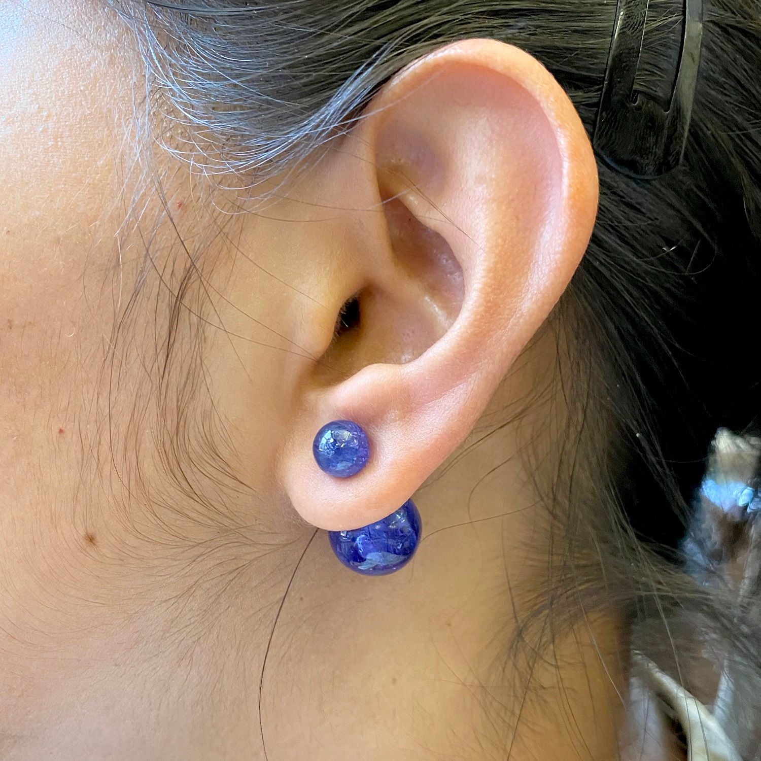 Tanzanite Gemstone Double Side Tunnel Earrings In 18K Yellow Gold