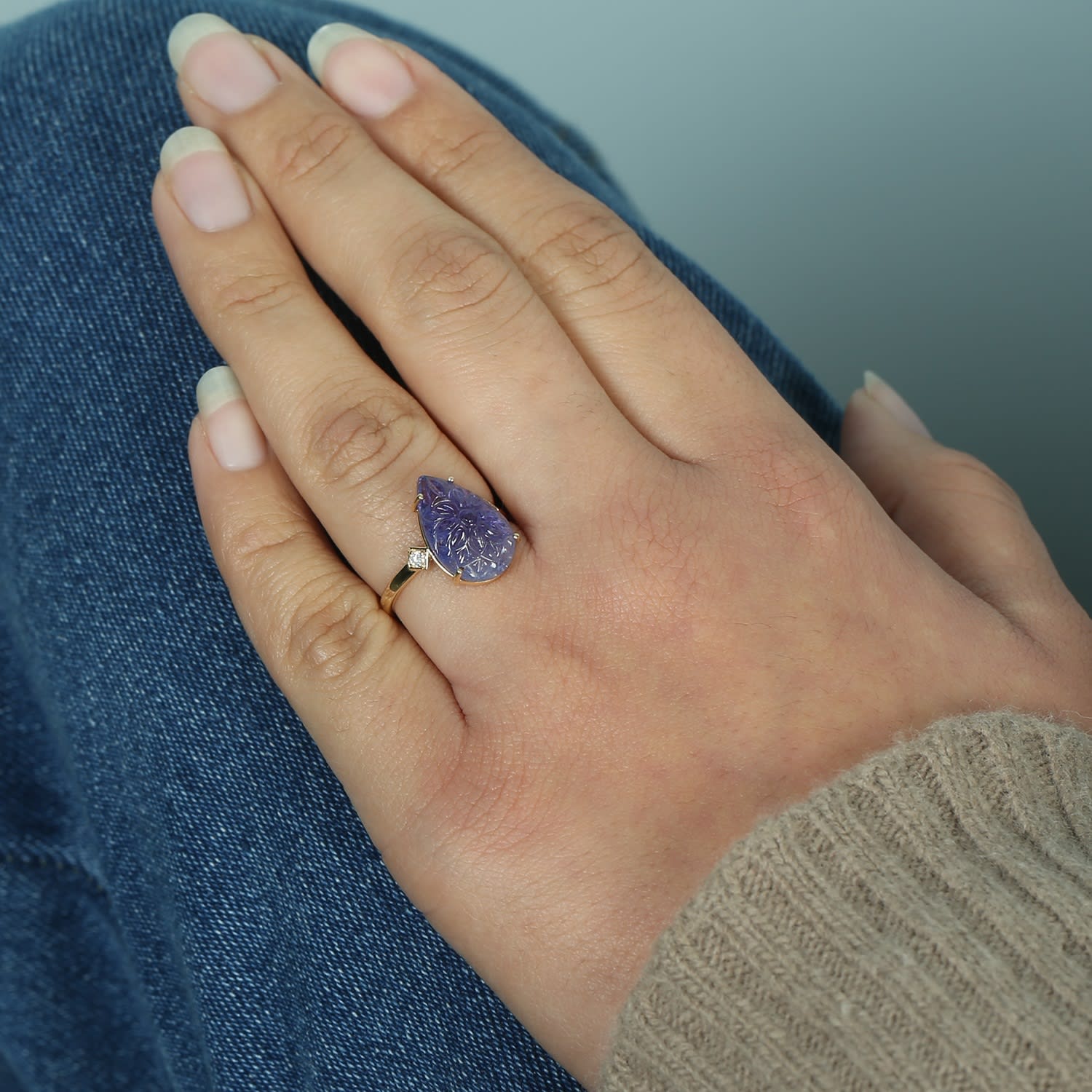Tanzanite Gemstone Pave Diamond Pear Ring In Yellow Gold – Carved Fine Jewelry