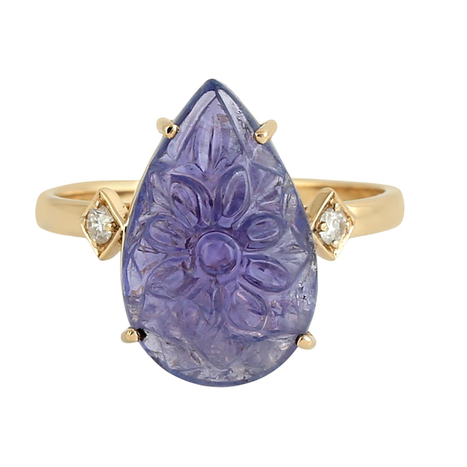 Tanzanite Gemstone Pave Diamond Pear Ring In Yellow Gold – Carved Fine Jewelry