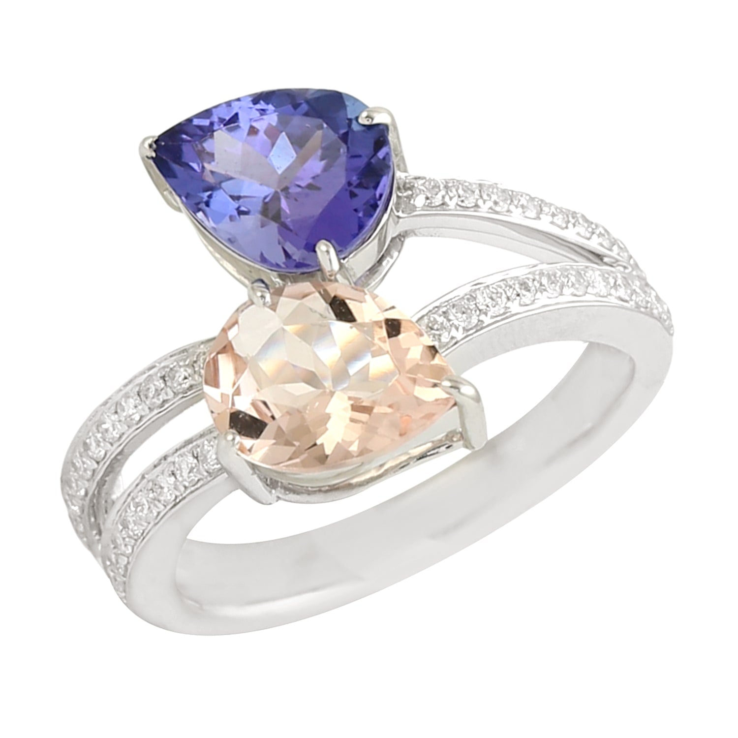 Tanzanite & Mix Stone Gemstone Pave Diamond Bypass Ring In White Gold