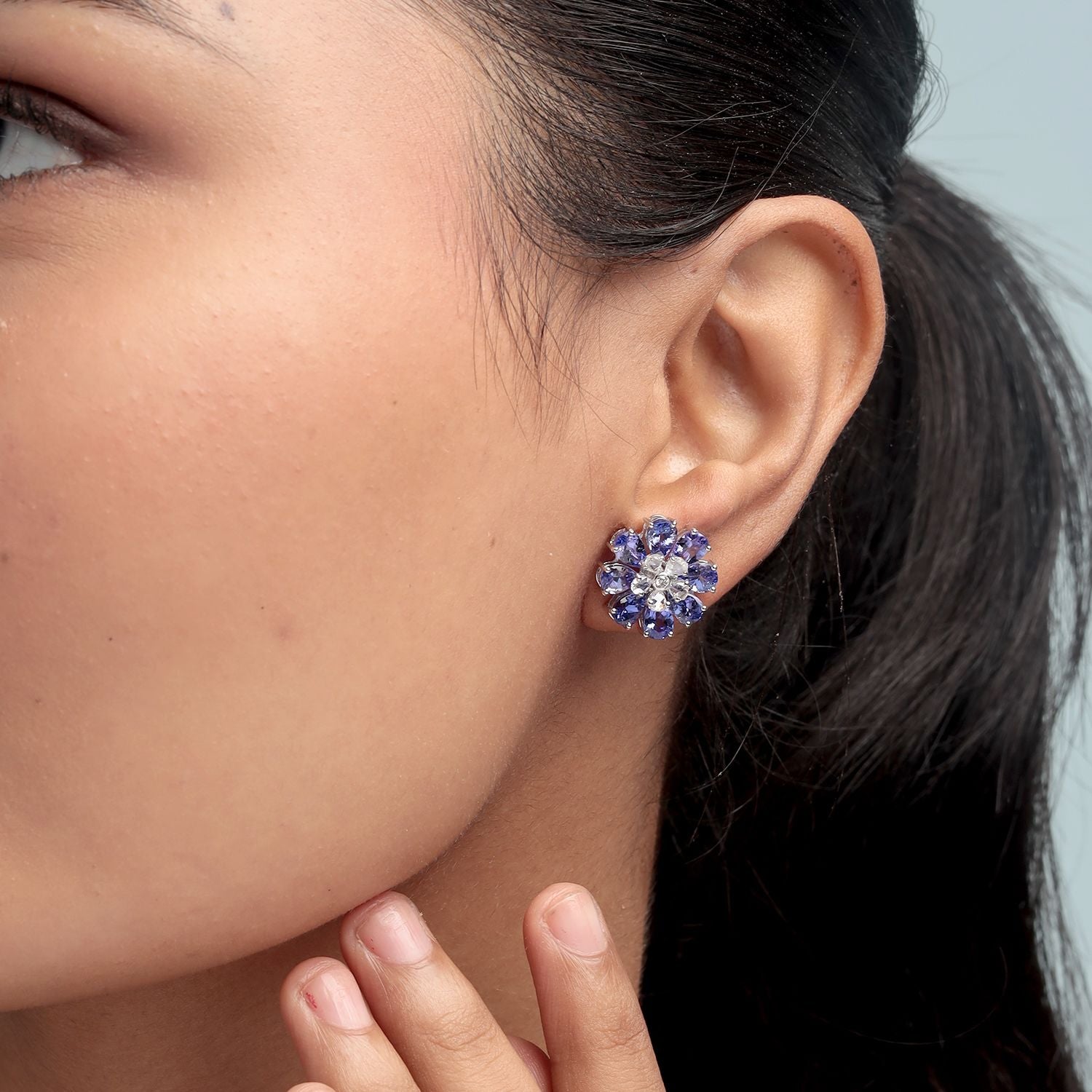 Natural Tanzanite & Rose Cut Diamond Ear Jacket Earrings In White Gold