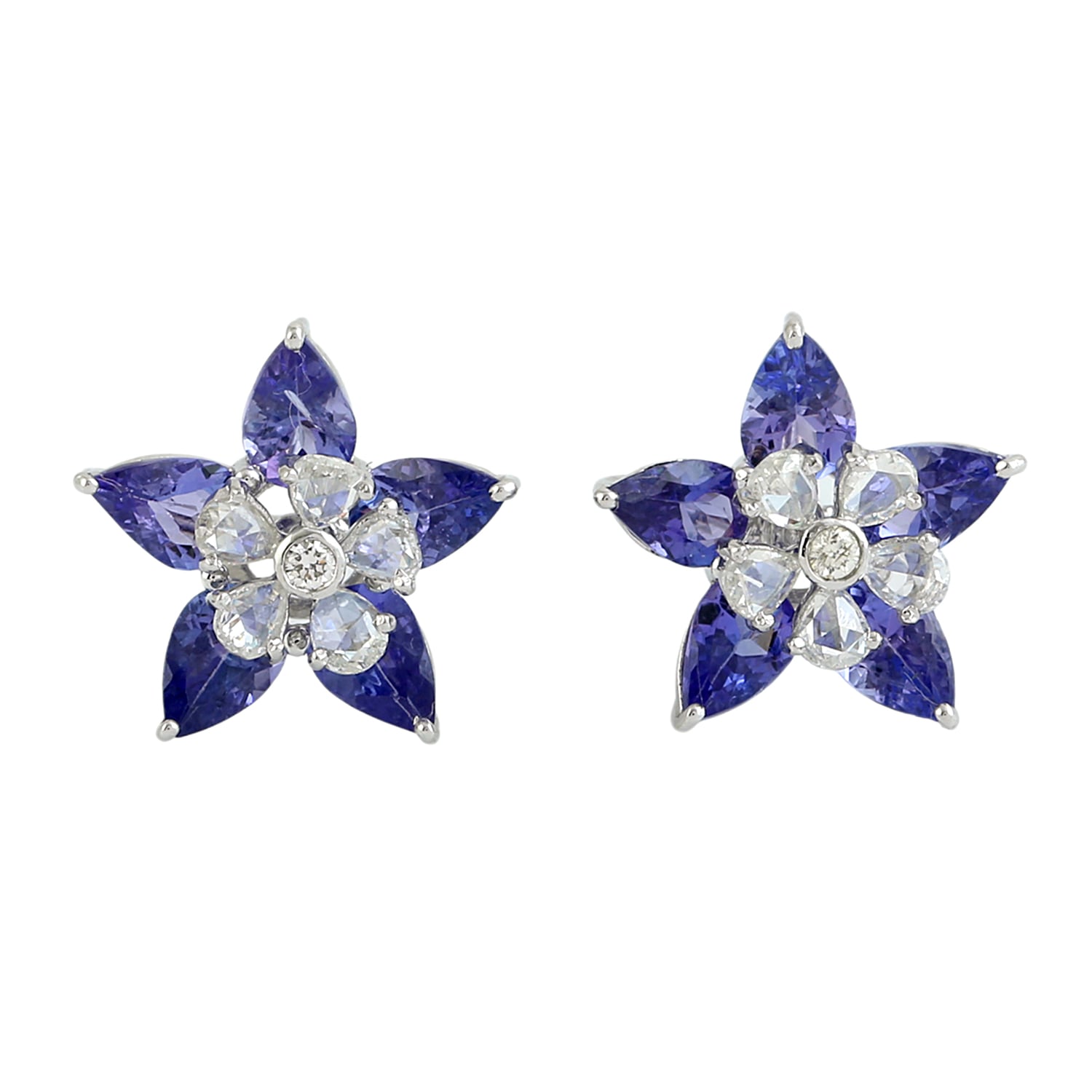 Tanzanite & Rose Cut Diamond Flower Ear Jacket Earrings In White Gold