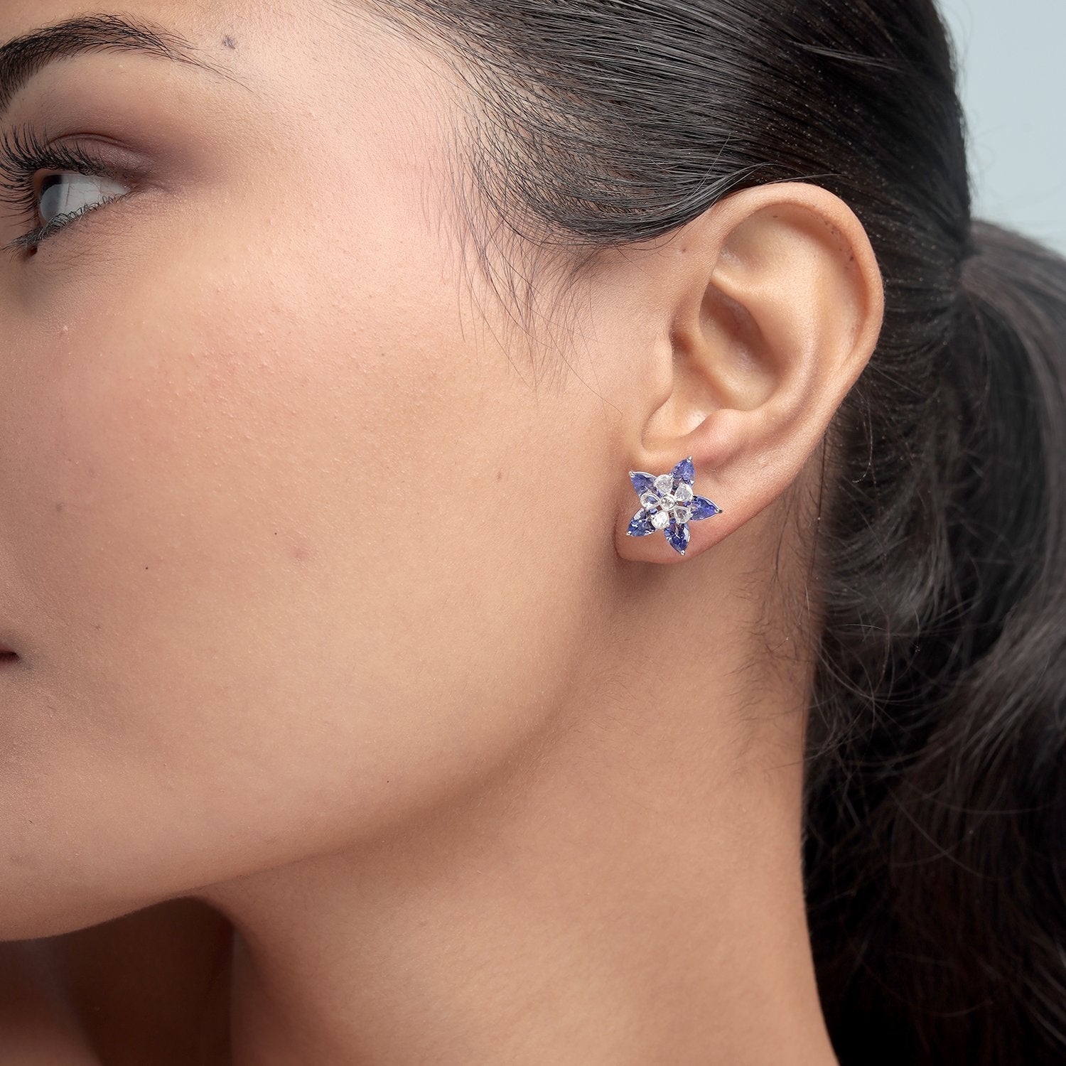 Tanzanite & Rose Cut Diamond Flower Ear Jacket Earrings In White Gold
