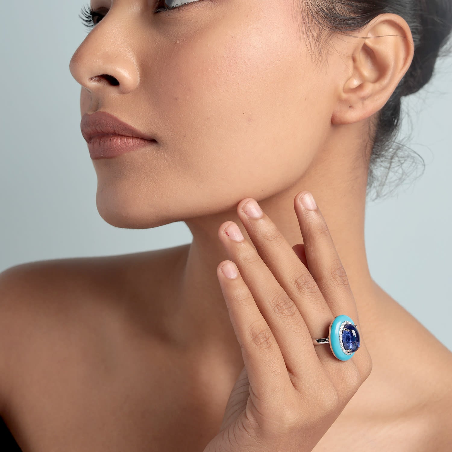 Oval Tanzanite & Turquoise Pave Diamond Cocktail Ring In White Gold