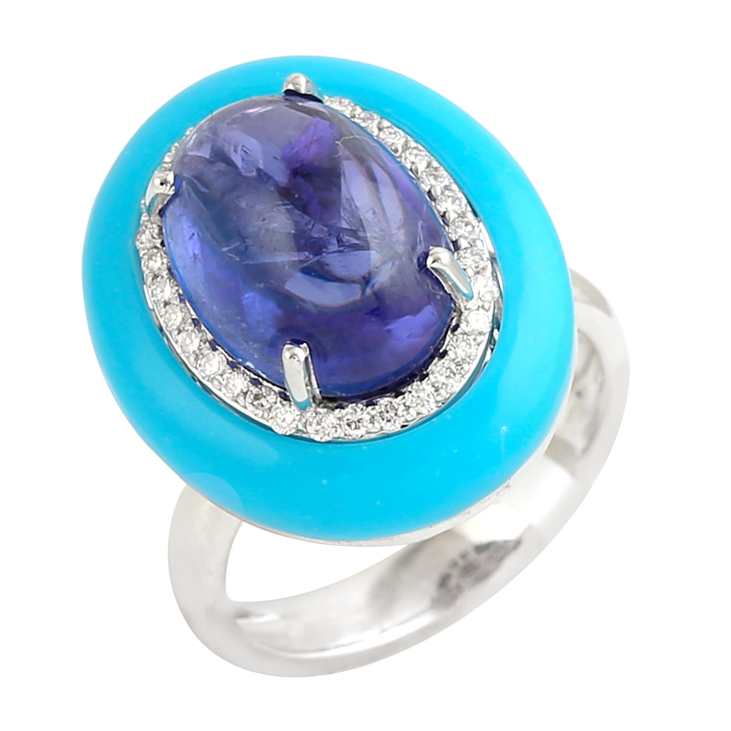 Oval Tanzanite & Turquoise Pave Diamond Cocktail Ring In White Gold
