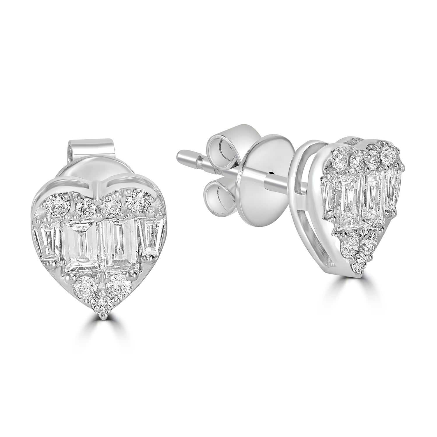 Tapered Baguette Cut Diamond Heart Earrings In White Gold