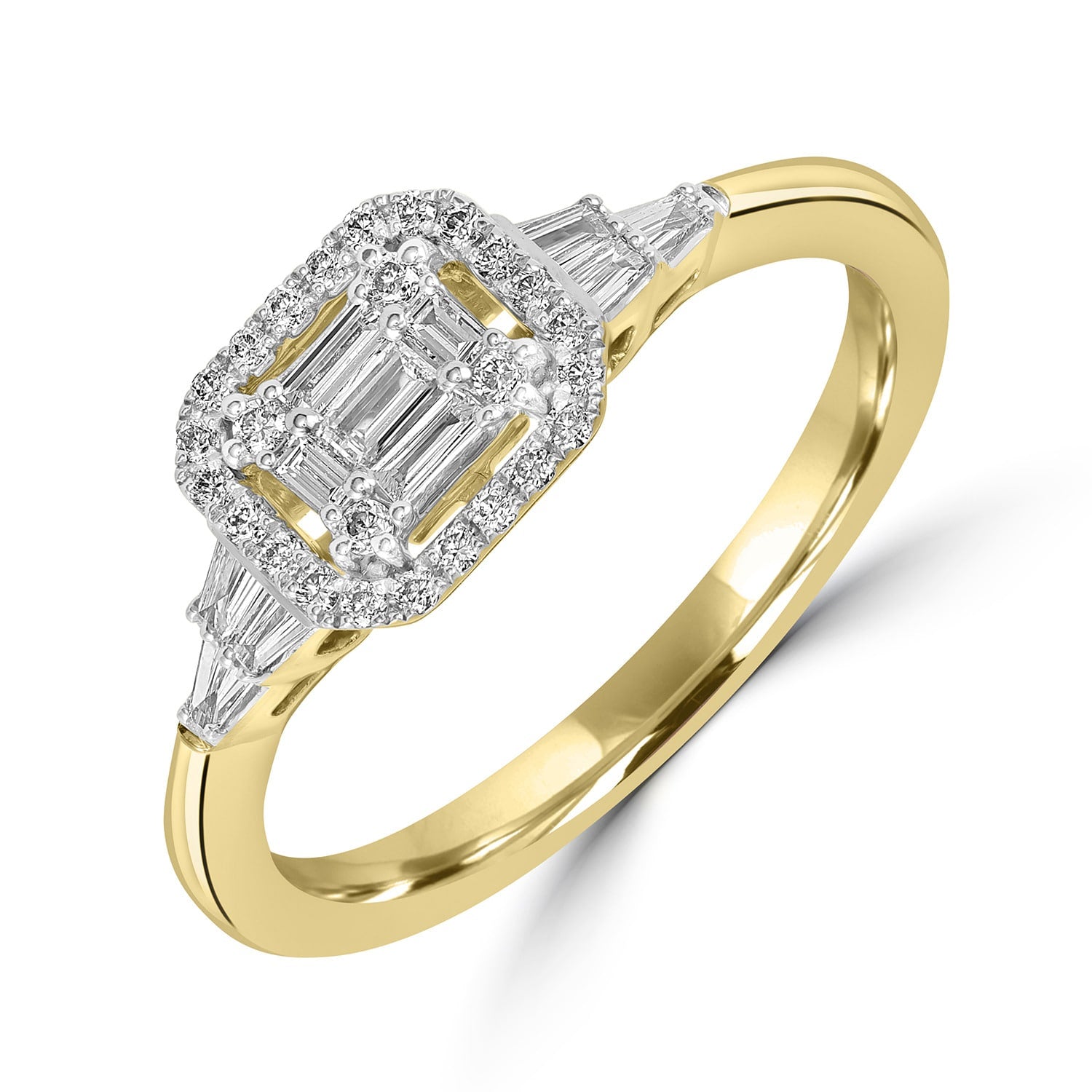 Baguette & Round Diamond Halo Ring In Yellow Gold