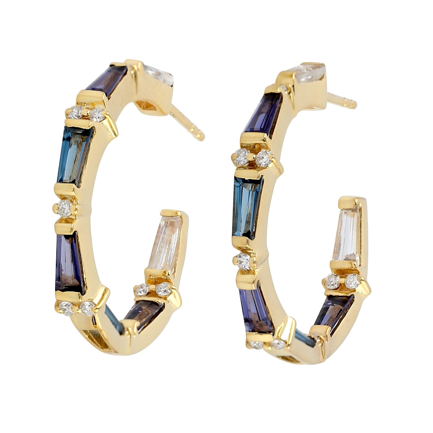 Tapered Iolite Moonstone Blue Topaz Gemstone Prong Diamond Hoop Earrings In Gold