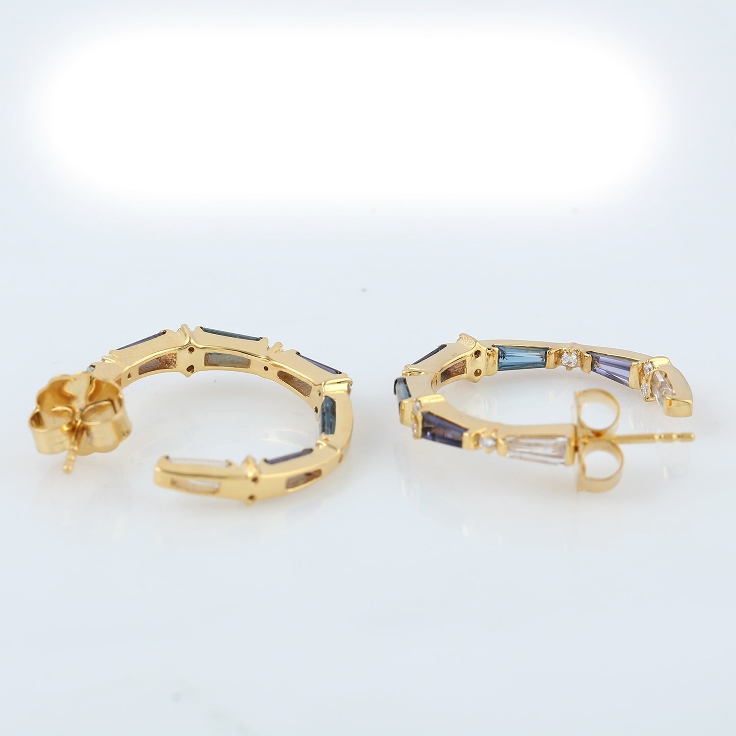 Tapered Iolite Moonstone Blue Topaz Gemstone Prong Diamond Hoop Earrings In Gold