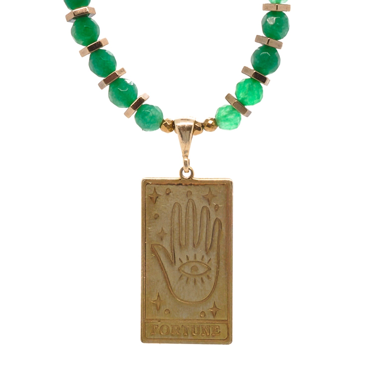 Tarot Good Fortune Gold Pendant Jade Beaded Necklace - Gold