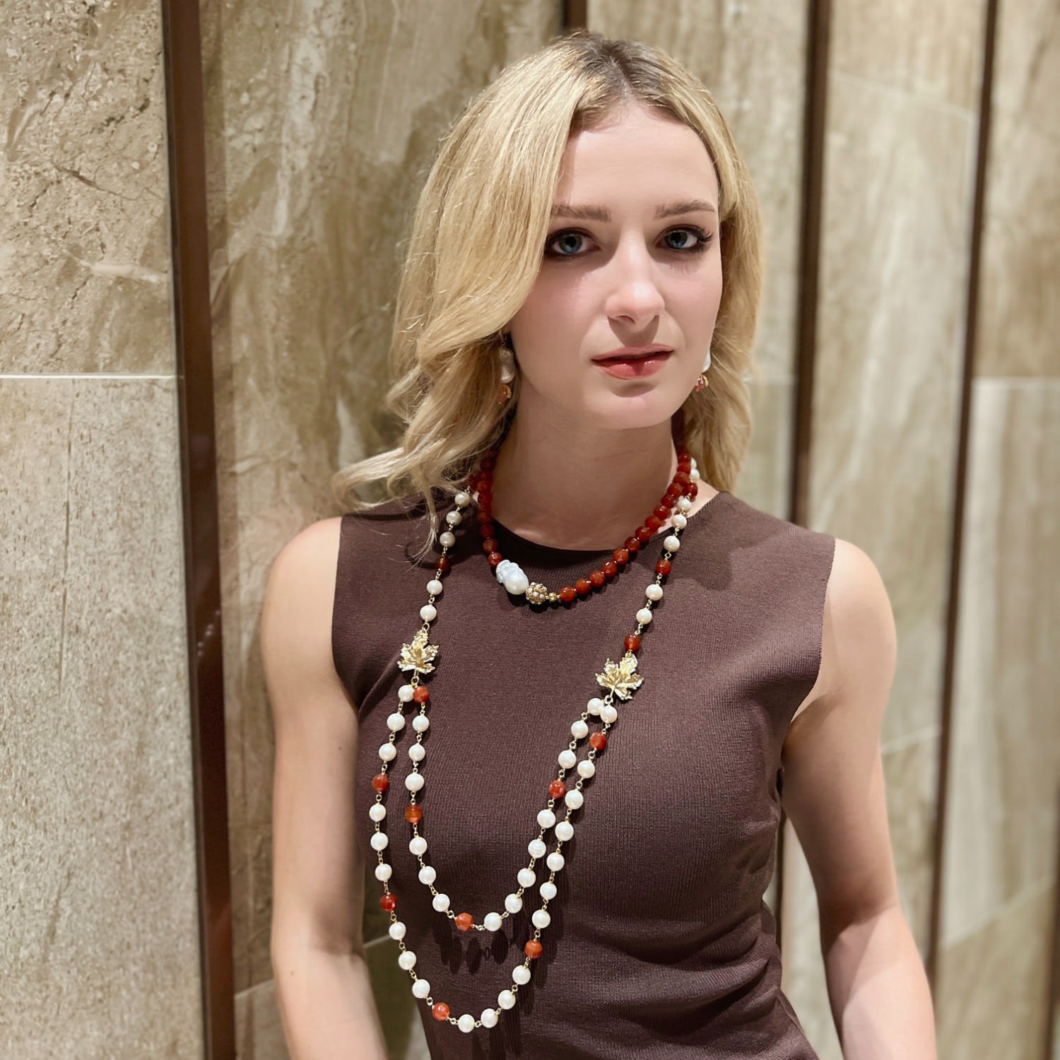 Freshwater Pearl With Red Agate And Maple Leaves Charm Long Chain Necklace