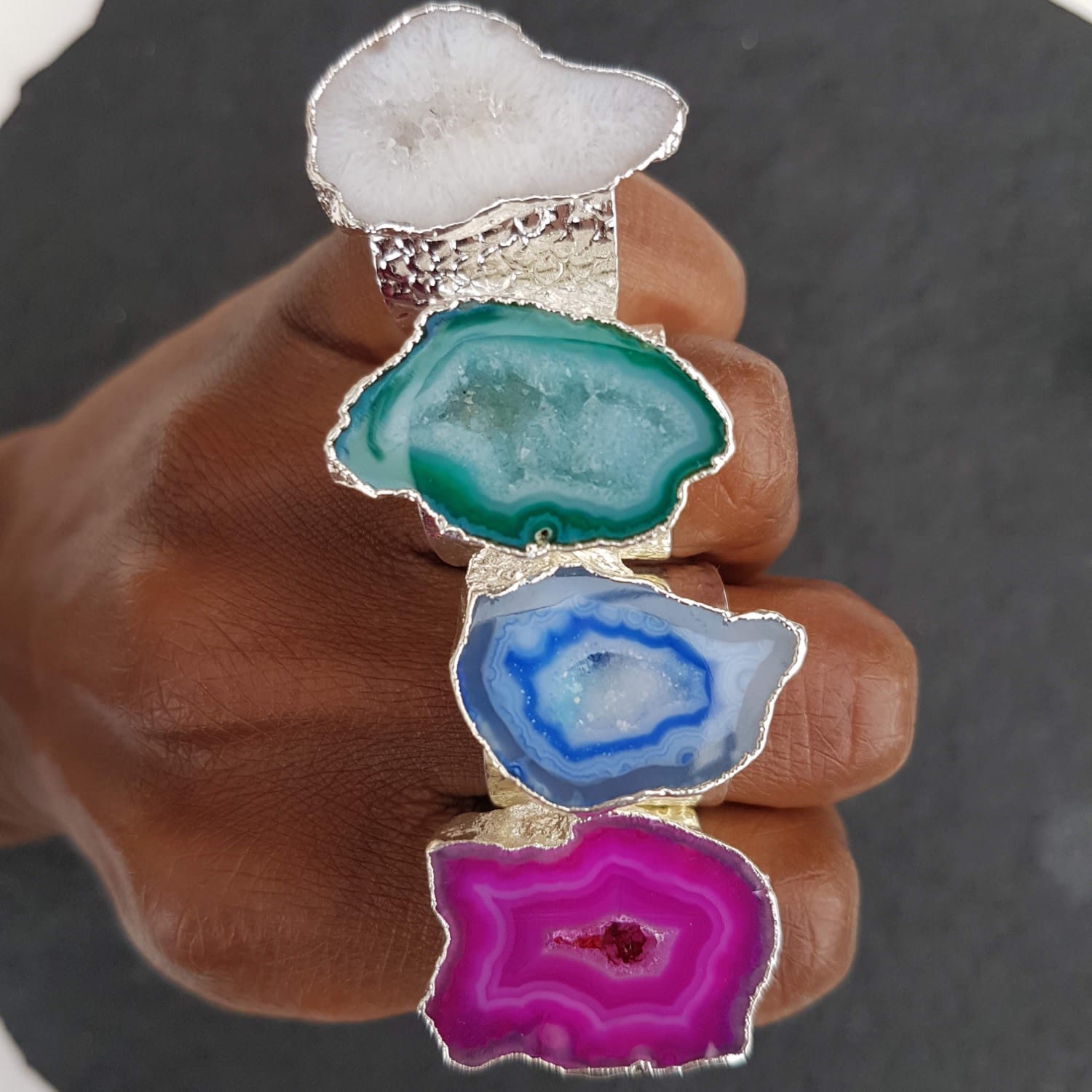 Silver Magenta Gemstone Crystal Mega Ring