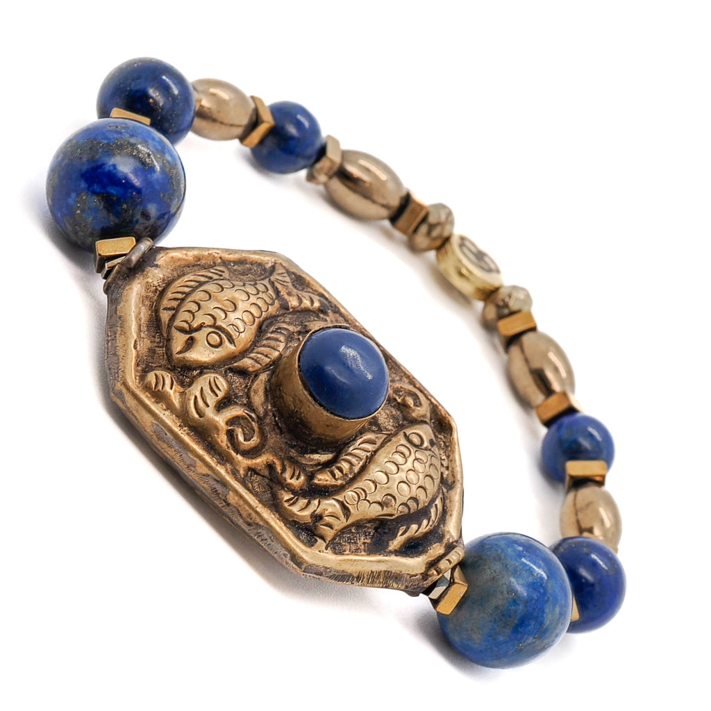 Vintage Style Nepal Fish & Lapis Bead Lapis Lazuli Beaded Bracelet - Blue
