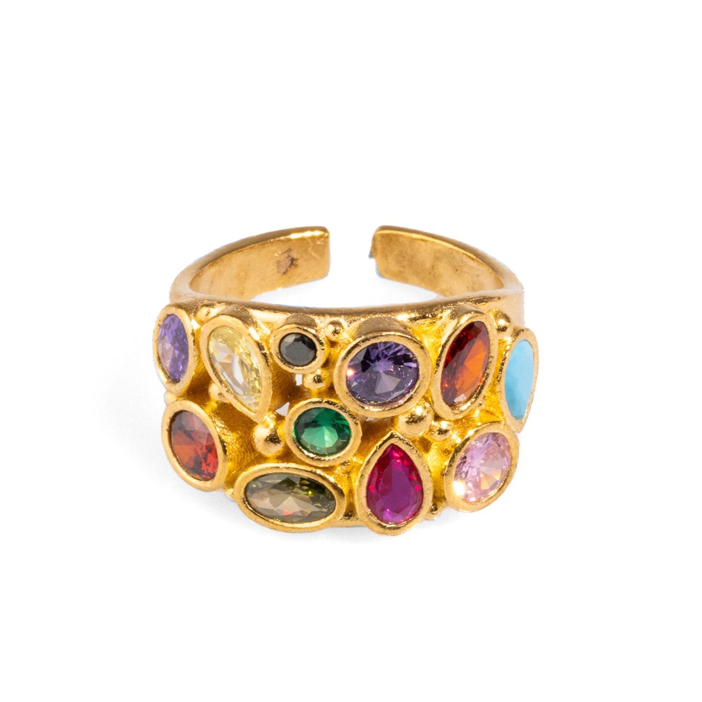 Teardrop Colorful Multi Gemstone & Gold Adjustable Statement Ring - Multicolor