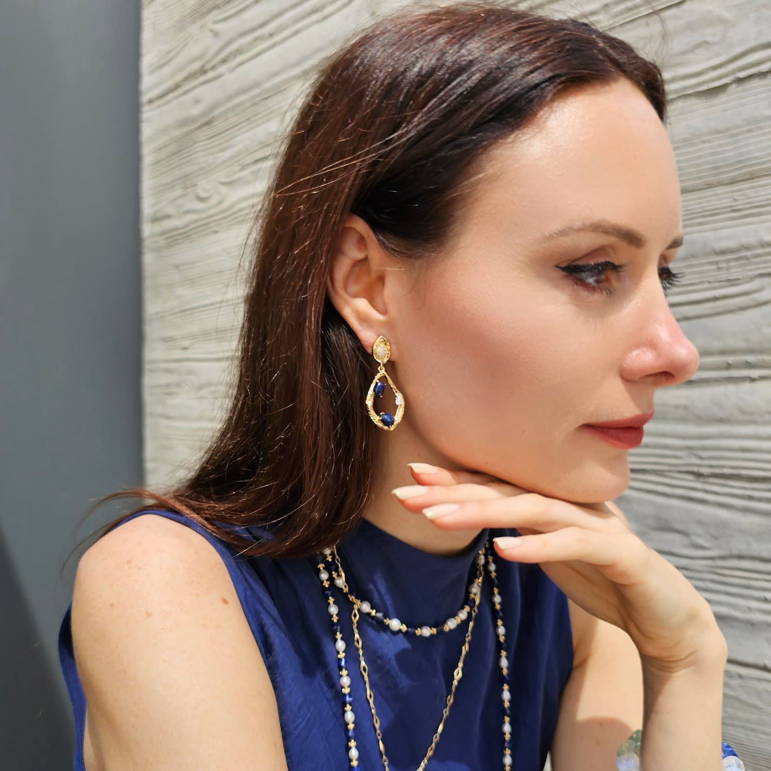 Teardrop Frame Adorned Lapis Stone Statement Earrings