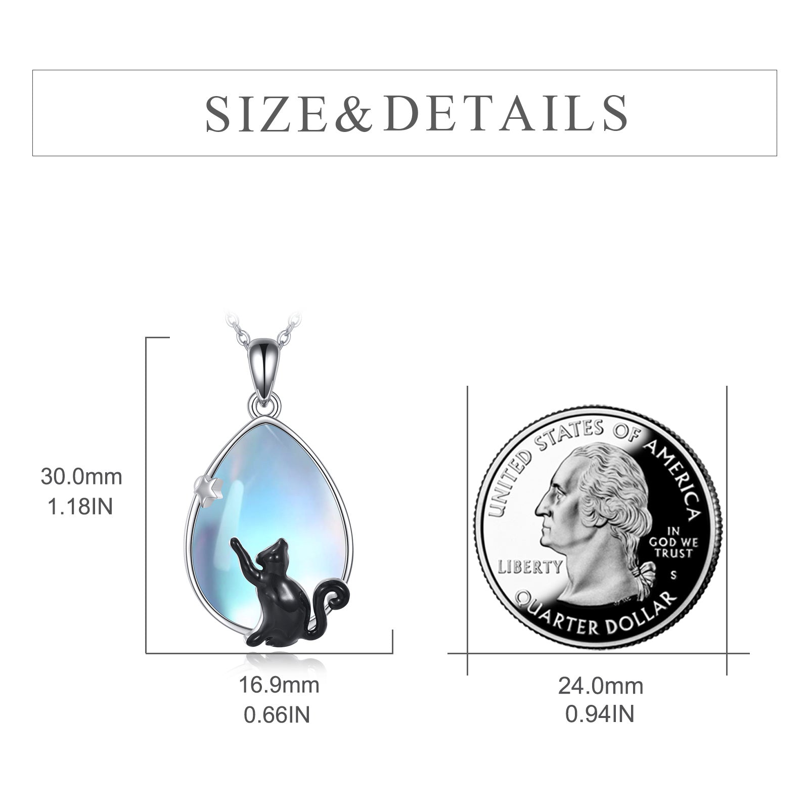 Sterling Silver Pear Moonstone Cat & Star Pendant Necklace for Women