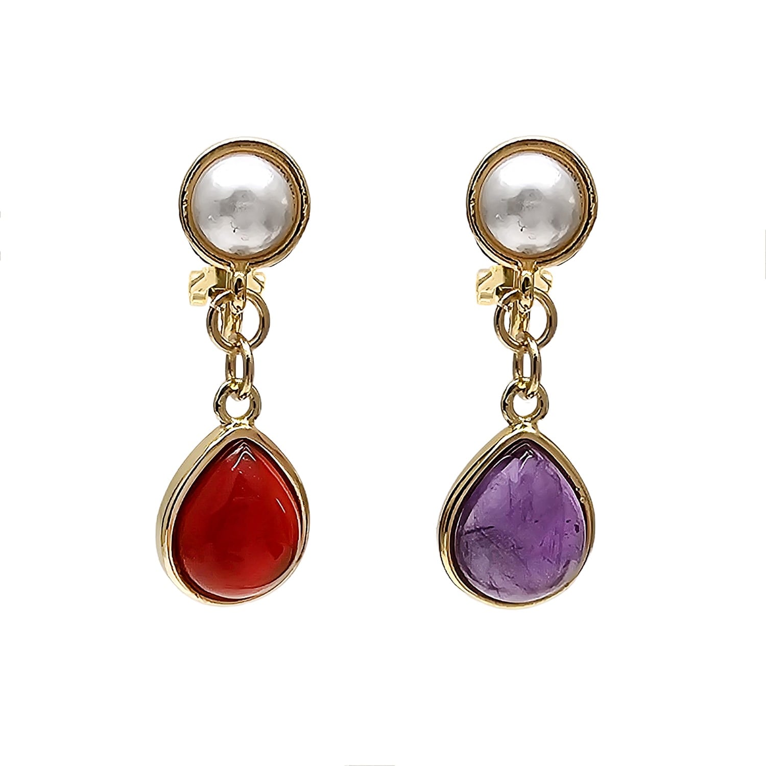 Teardrop Red Agate And Purple Amethyst Cli-On Earrings