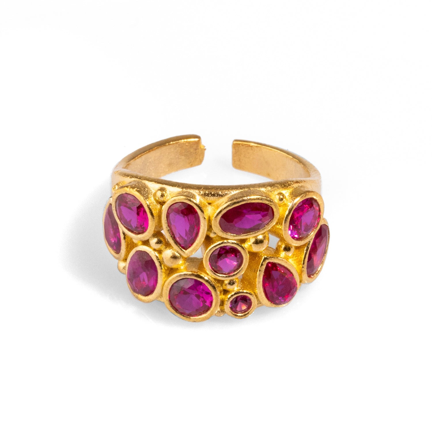Teardrop Ruby Stone & Gold Adjustable Statement Ring - Pink