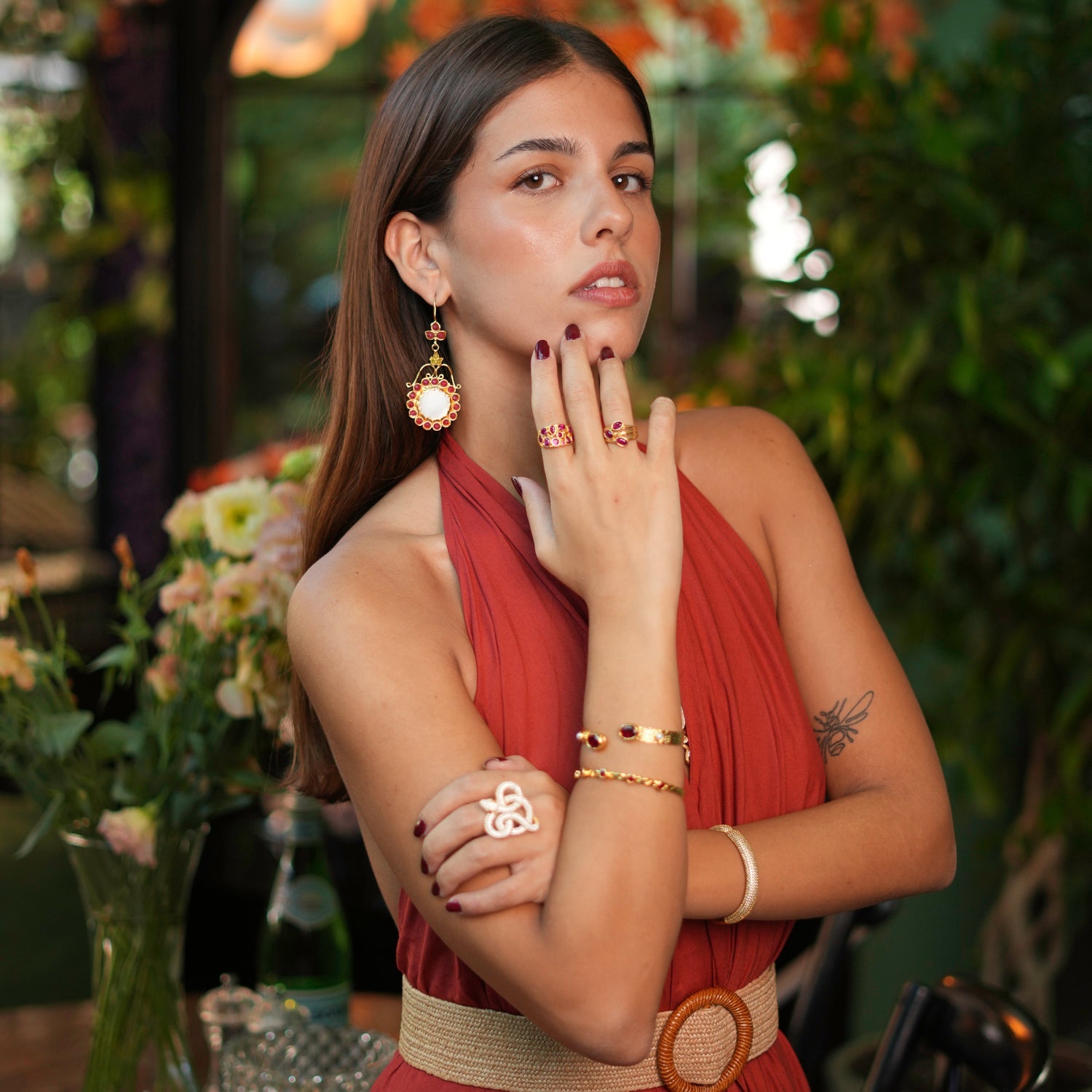 Teardrop Ruby Stone & Gold Adjustable Statement Ring - Pink