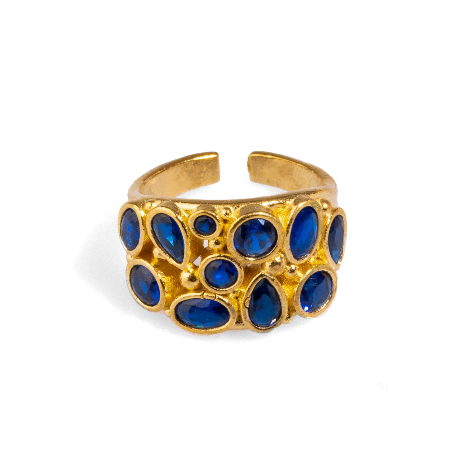 Teardrop Sapphire Stone & Gold Adjustable Statement Ring - Blue