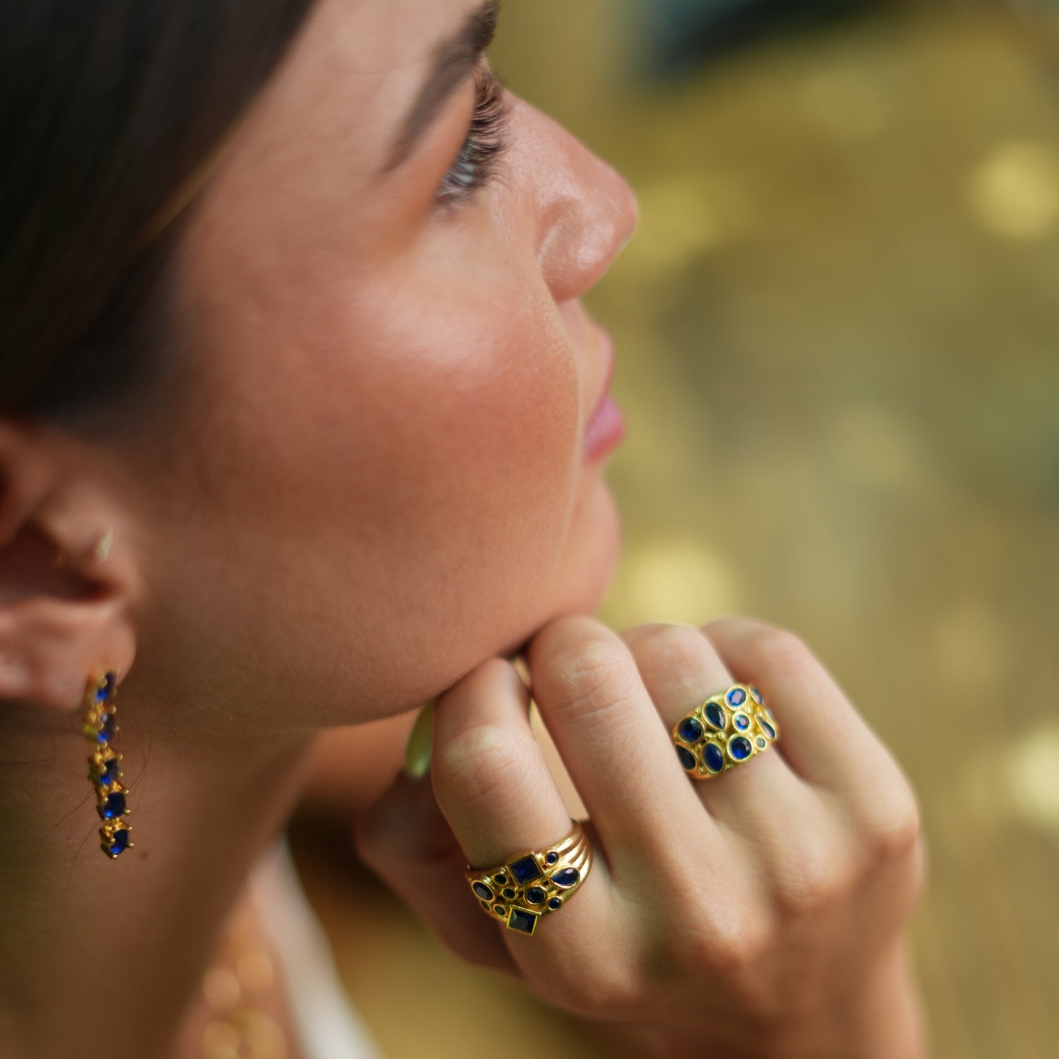 Sapphire Stone Design & Gold Adjustable Statement Ring - Blue